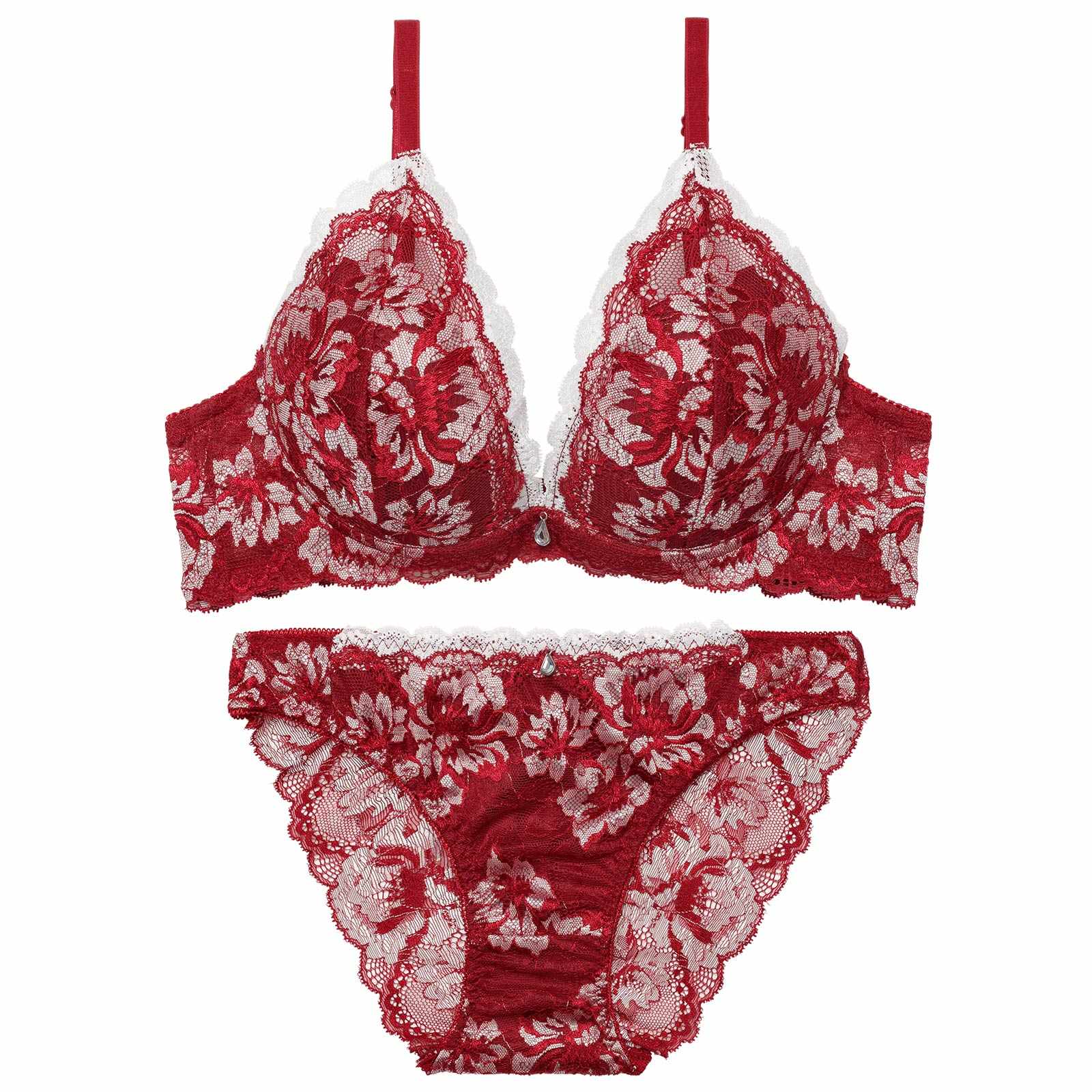 3/27新作!【EFサイズ】グラマラスフラワーレース育乳脇高ブラジャー&バック透けフルバックショーツ