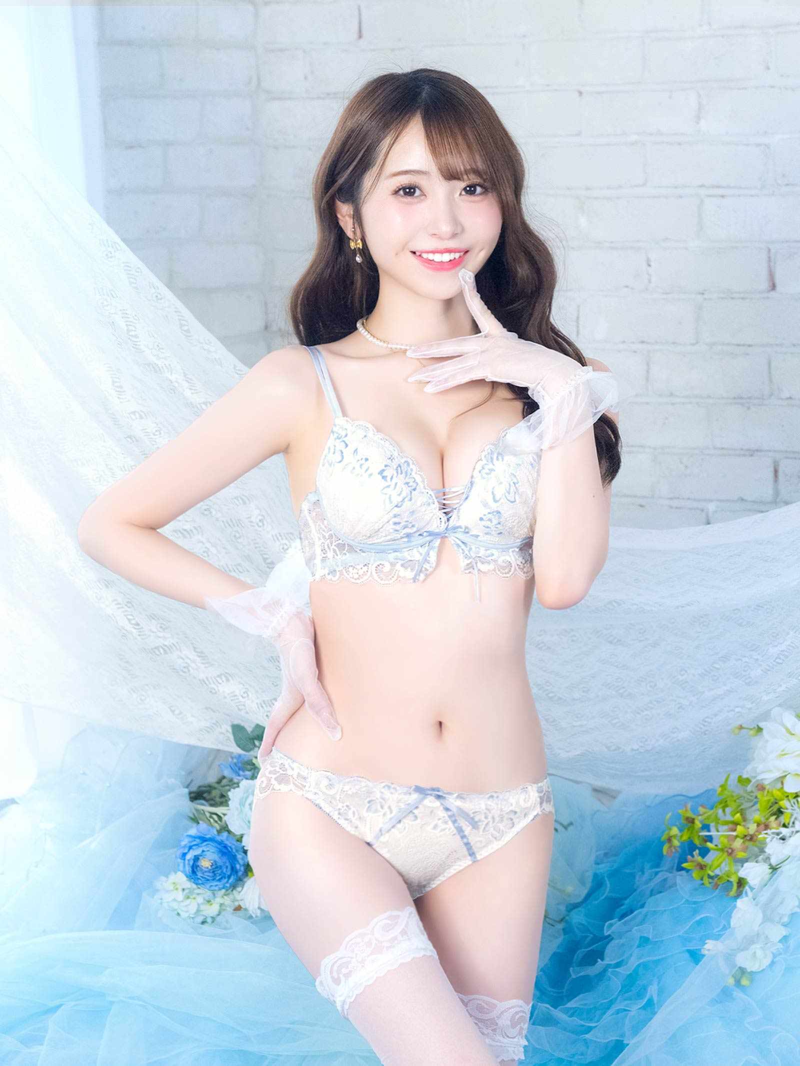 4/29新作!【かとゆり着用】パステルフラワーレースアップブラジャー&バック透けTバックショーツ