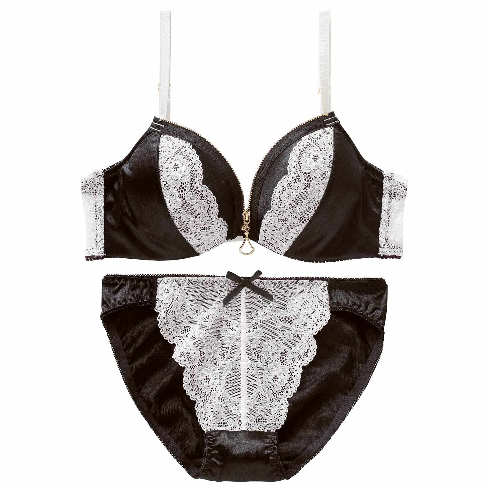 4/13新作!【EFサイズ】サテンレースファスナーブラジャー&フルバックショーツ