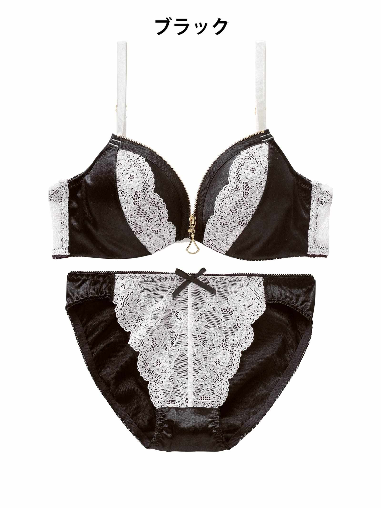 4/13新作!【EFサイズ】サテンレースファスナーブラジャー&フルバックショーツ