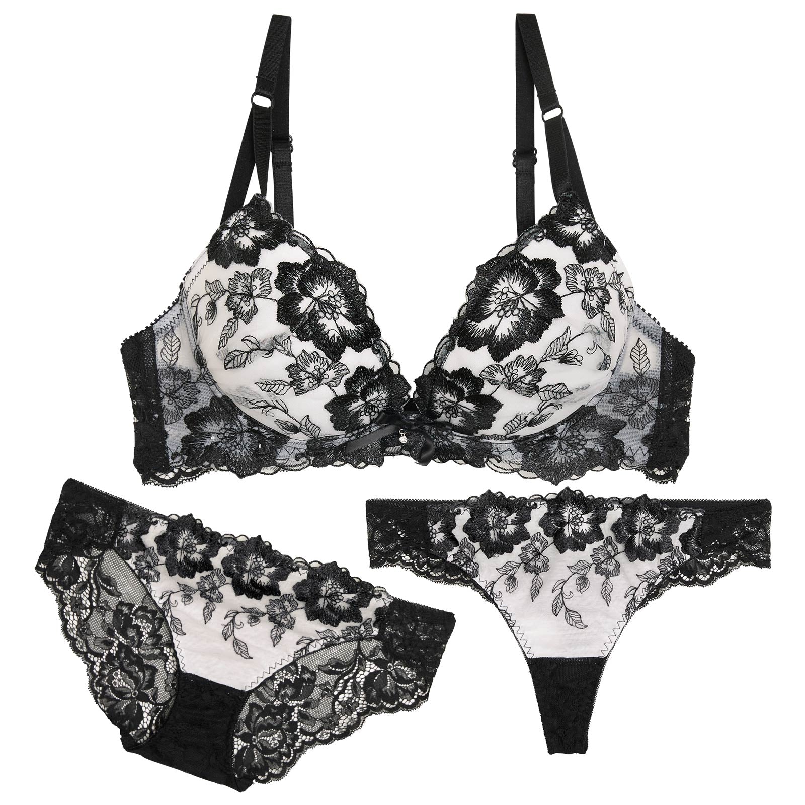【3点セット】【EFサイズ】ベルフルールエンブロイダリーブラジャー&バック透けフルバック&Tバックショーツ