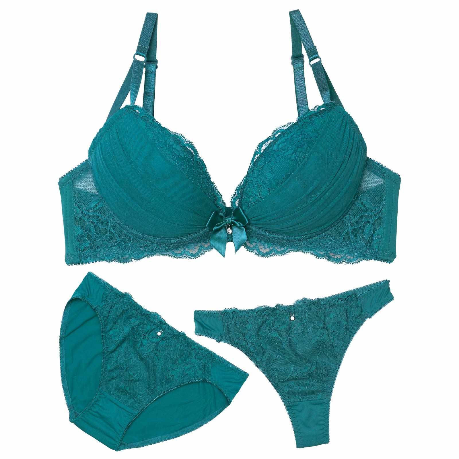 【3点セット】クラシックチュールレースブラジャー&フルバック&Tバックショーツ