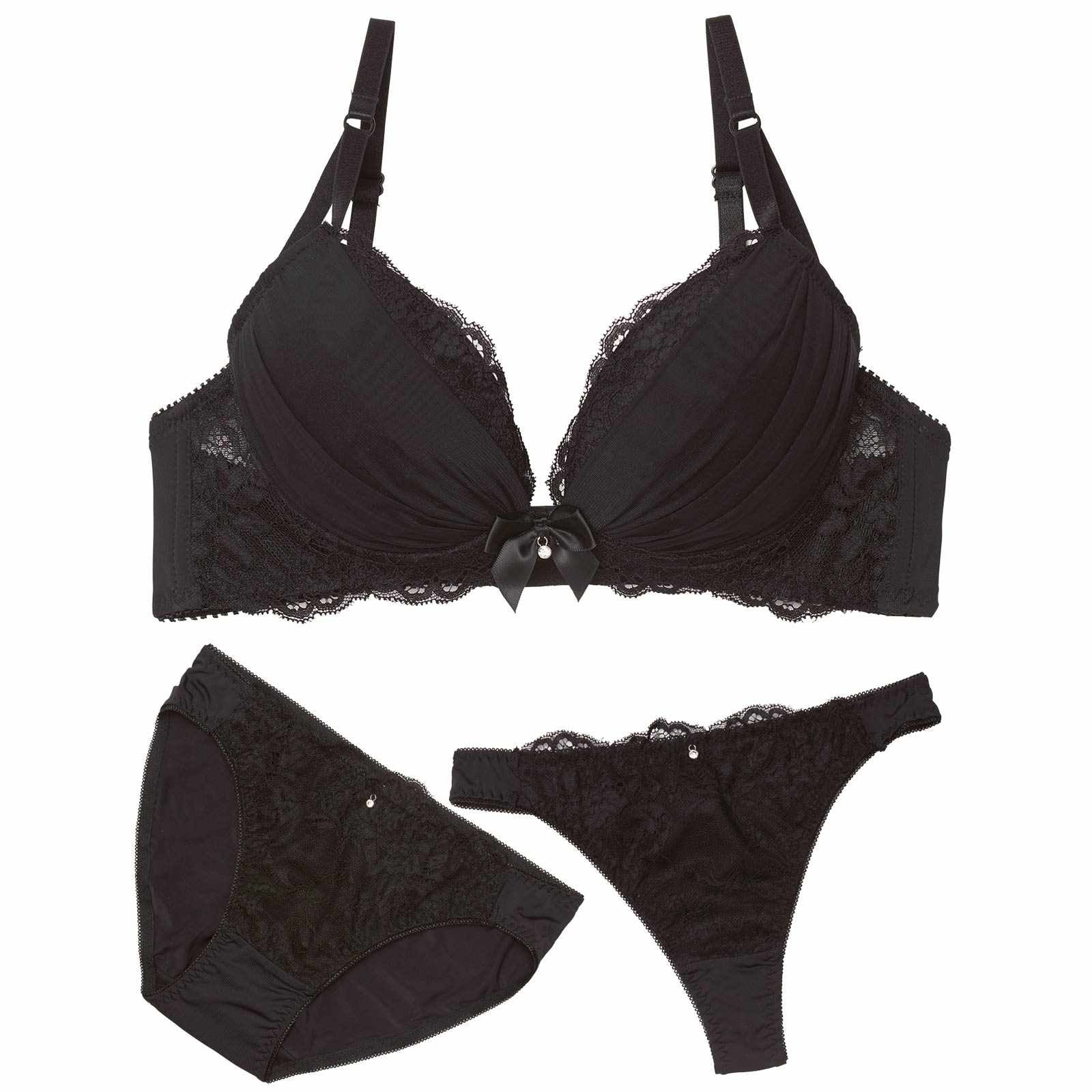 12/19新作!【3点セット】【EFサイズ】クラシックチュールレースブラジャー&フルバック&Tバックショーツ