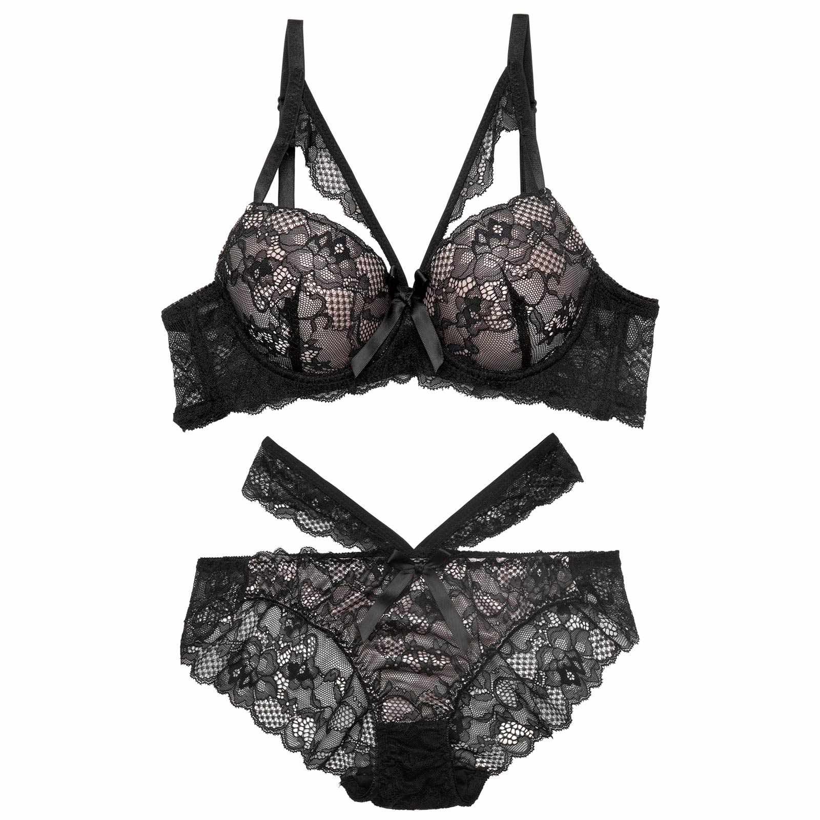 ラディアントコードレース育乳脇高ブラジャー&バック透けフルバックショーツ