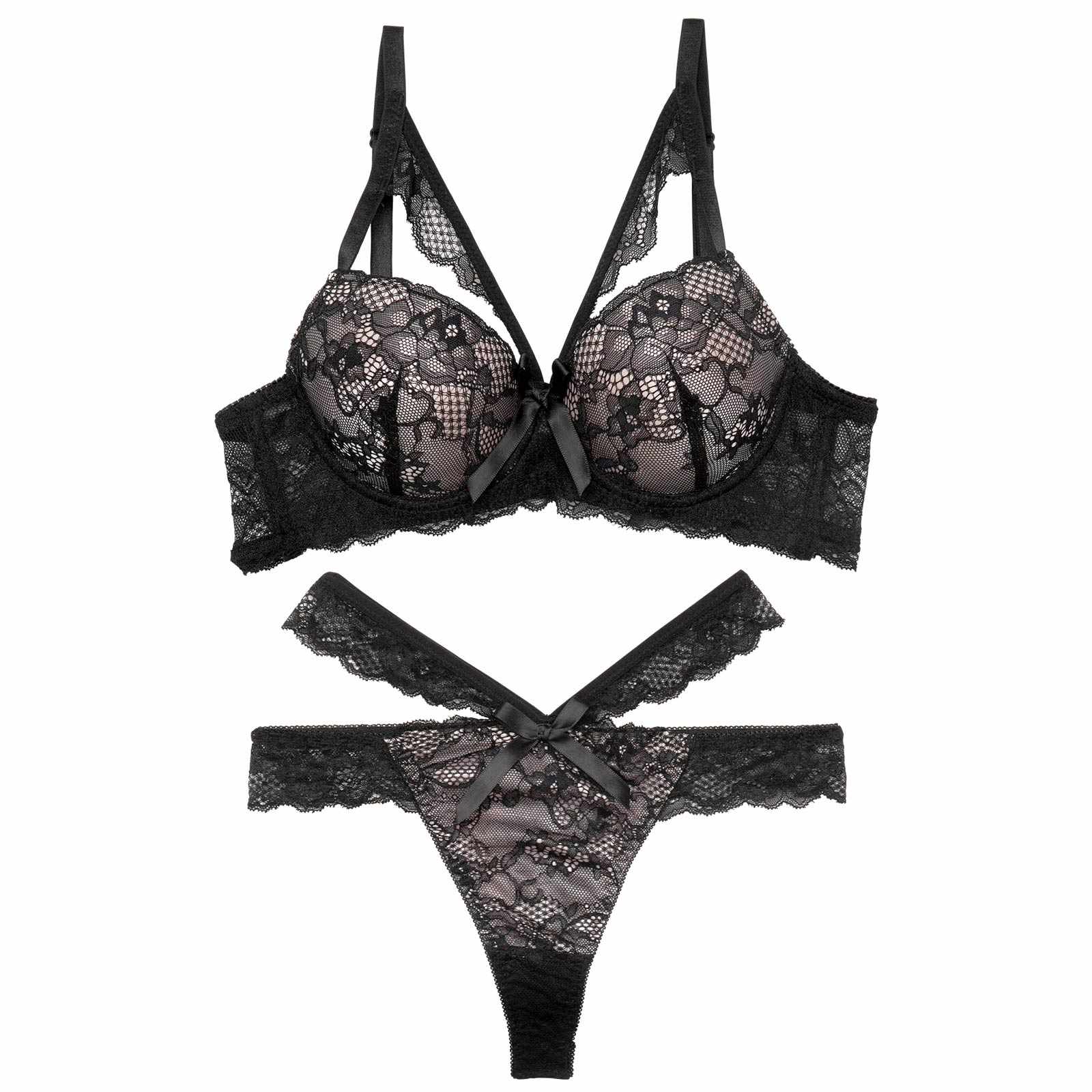 【EFサイズ】ラディアントコードレース育乳脇高ブラジャー&バック透けTバックショーツ