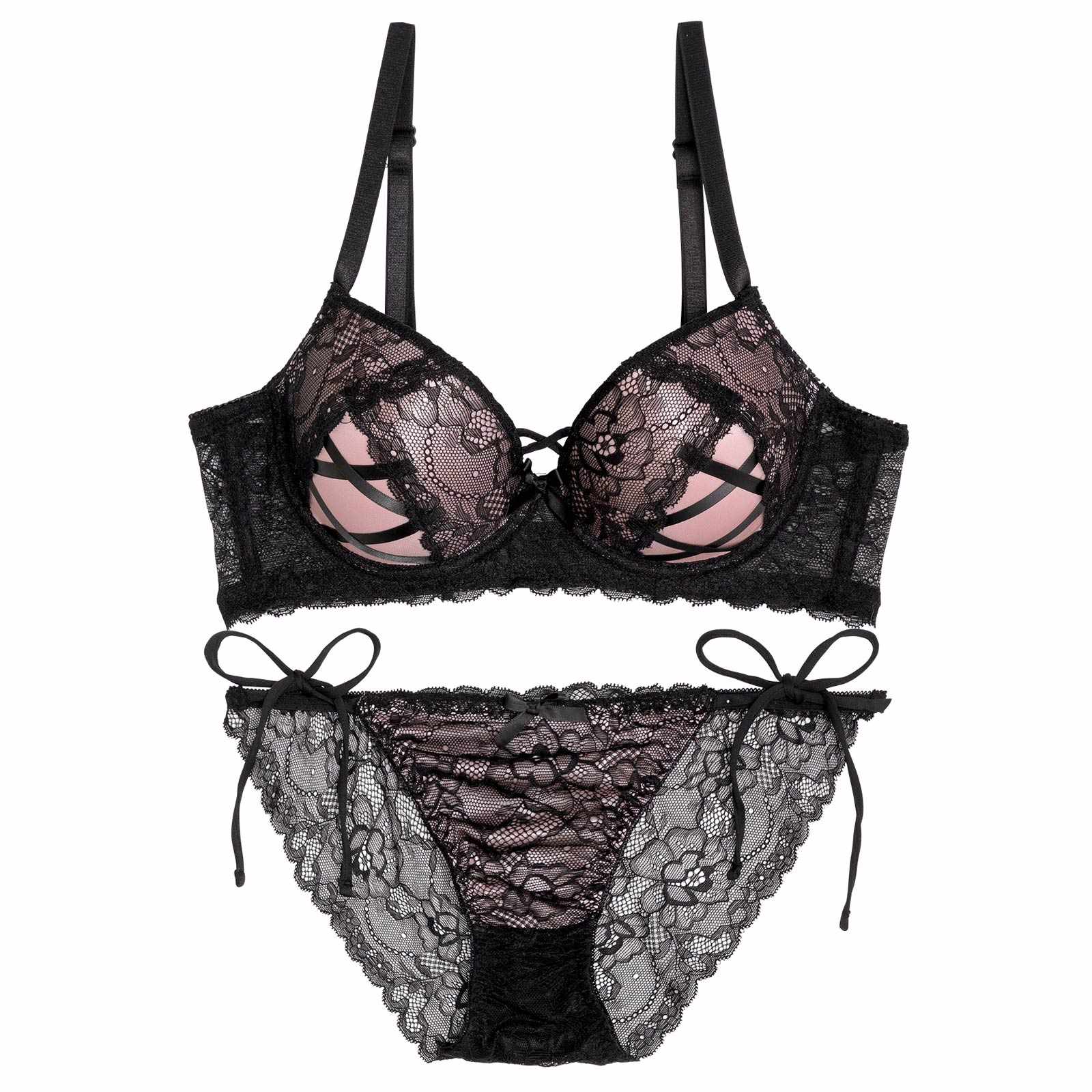 ビタースウィートレース育乳脇高ブラジャー&サイド紐バック透けフルバックショーツ