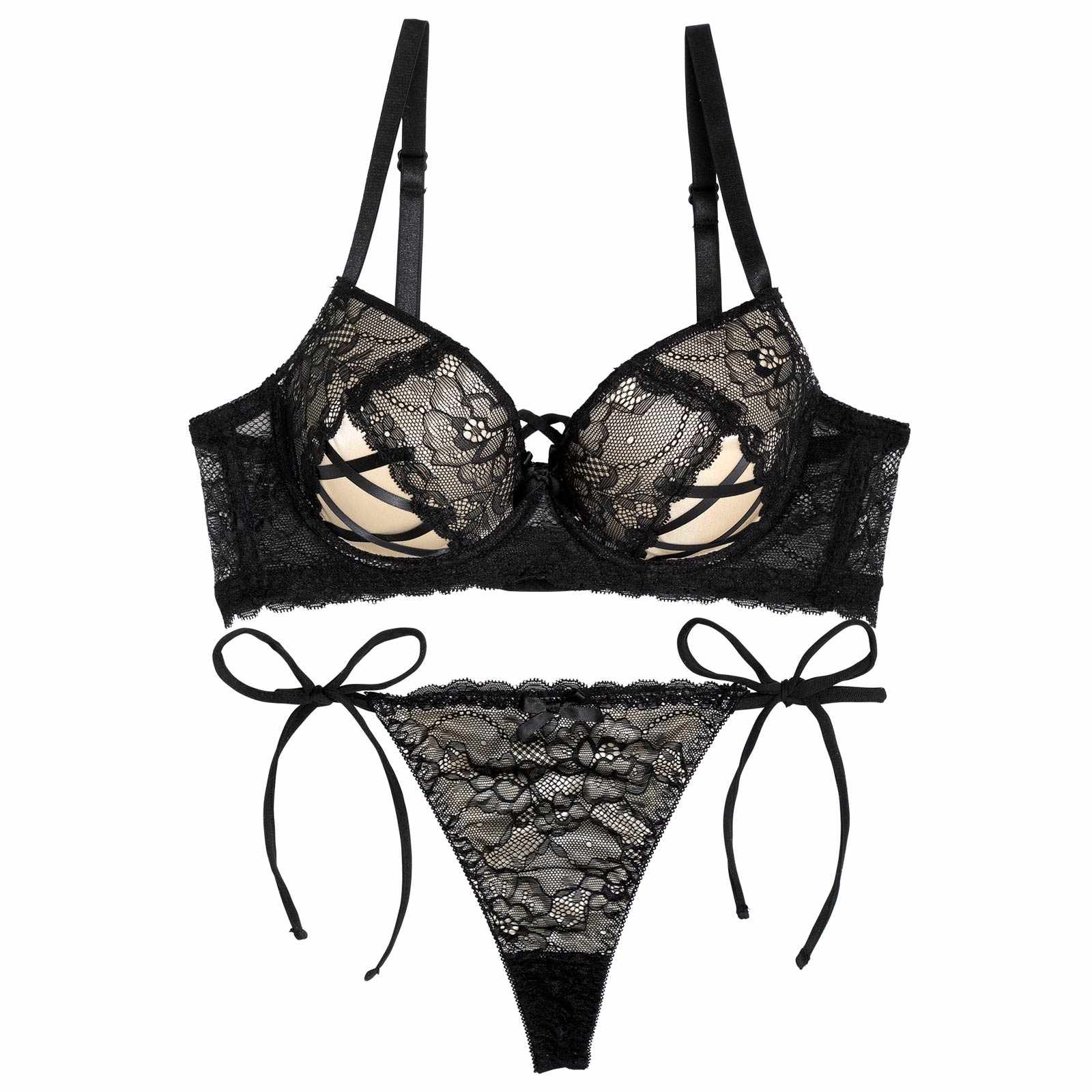 ビタースウィートレース育乳脇高ブラジャー&サイド紐バック透けTバックショーツ