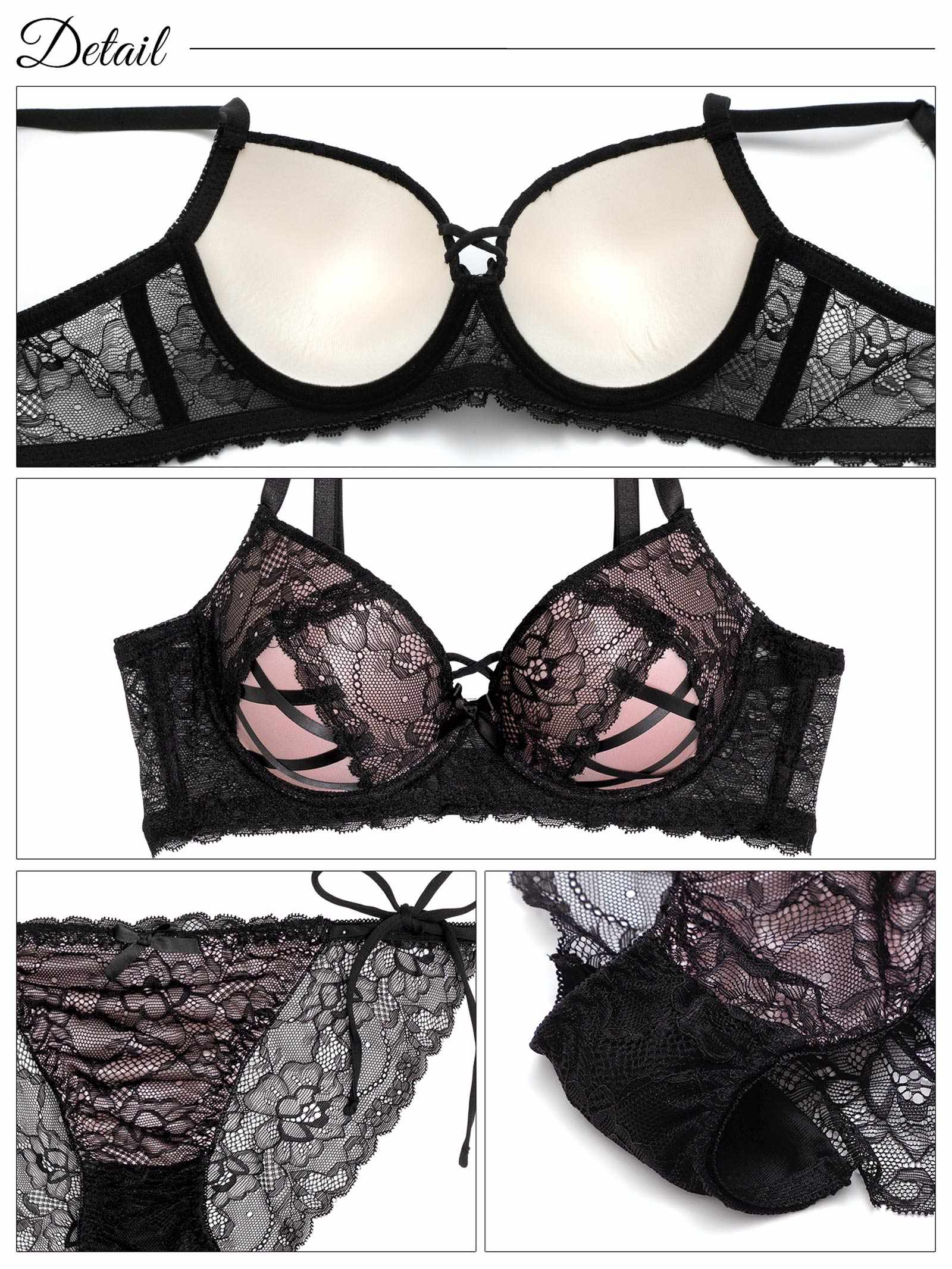 6/16新作!【EFサイズ】ビタースウィートレース育乳脇高ブラジャー&サイド紐バック透けフルバックショーツ