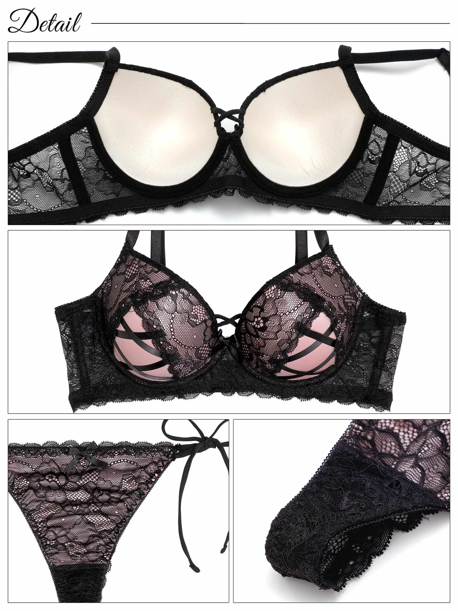 6/16新作!【EFサイズ】ビタースウィートレース育乳脇高ブラジャー&サイド紐バック透けTバックショーツ
