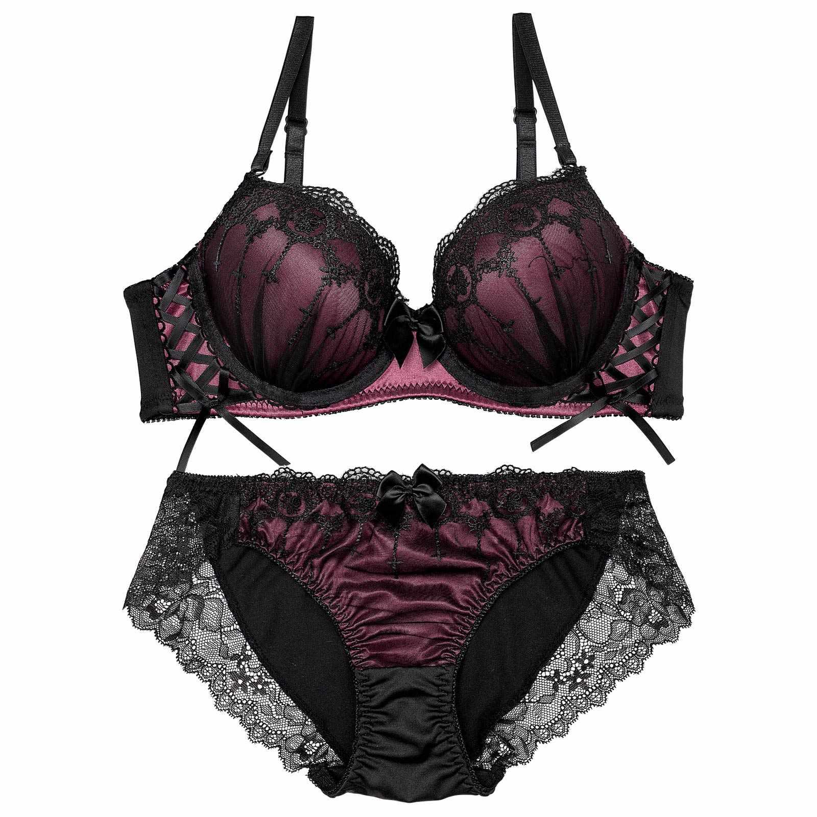 【EFサイズ】ラビリンスシアーレースアップブラジャー&フルバックショーツ - 【公式】247Lingerie