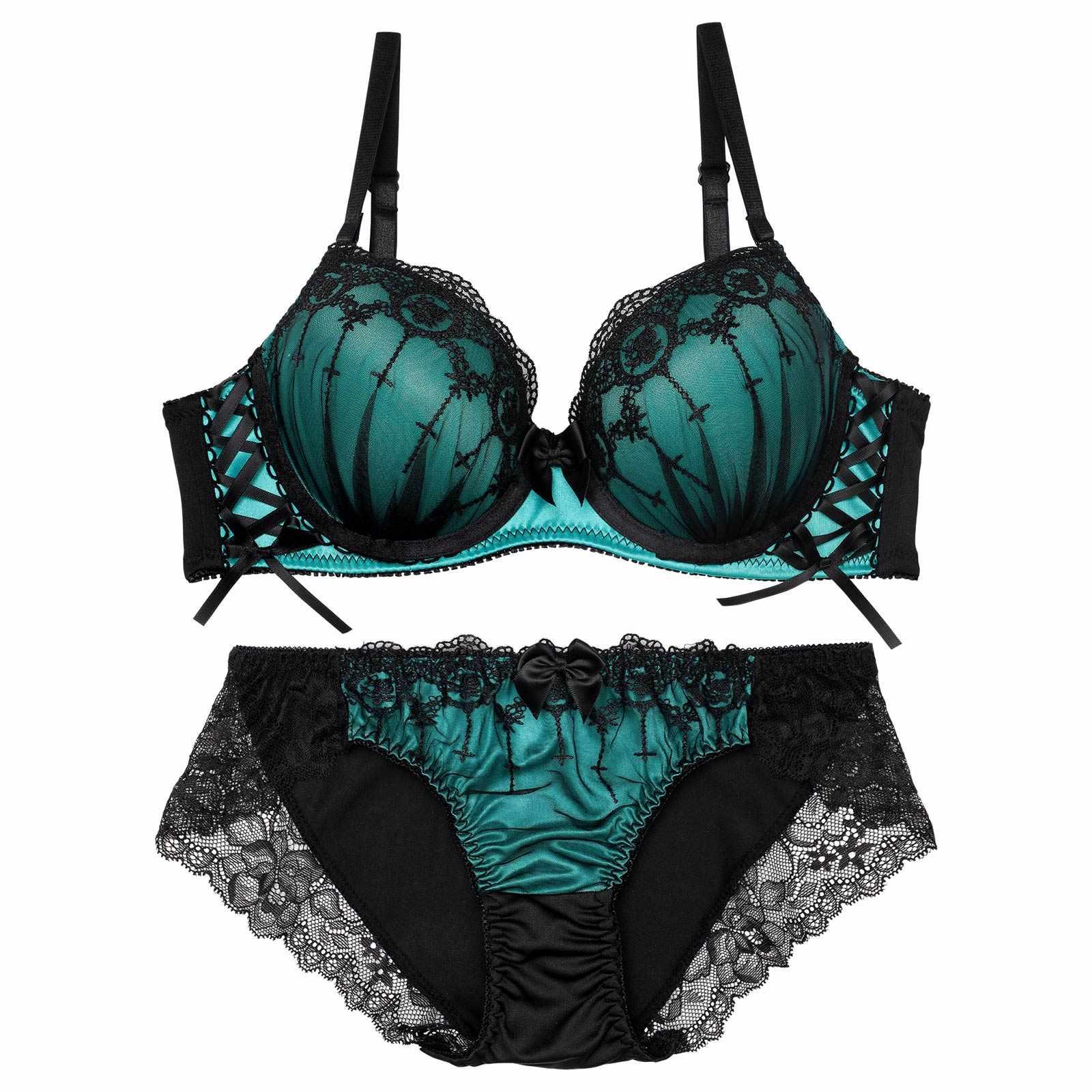 【EFサイズ】ラビリンスシアーレースアップブラジャー&フルバックショーツ - 【公式】247Lingerie
