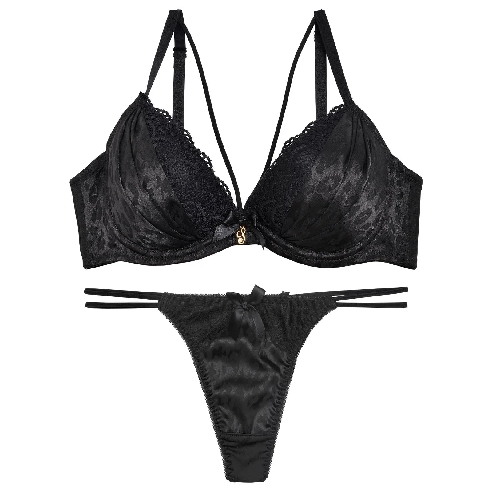 【三上悠亜着用】モノトーンレオパード柄ストラッピーブラジャー&Tバックショーツ