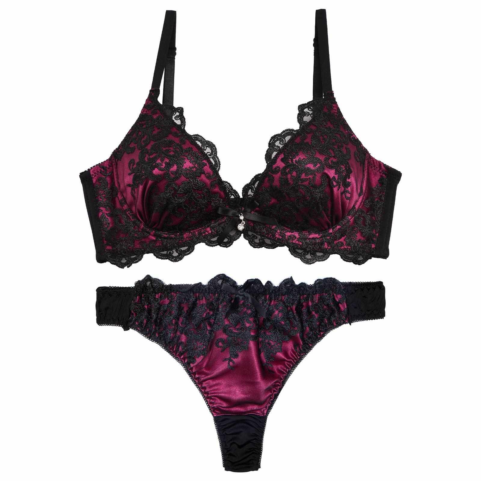 ダマスクサテンレース育乳脇高ブラジャー&Tバックショーツ
