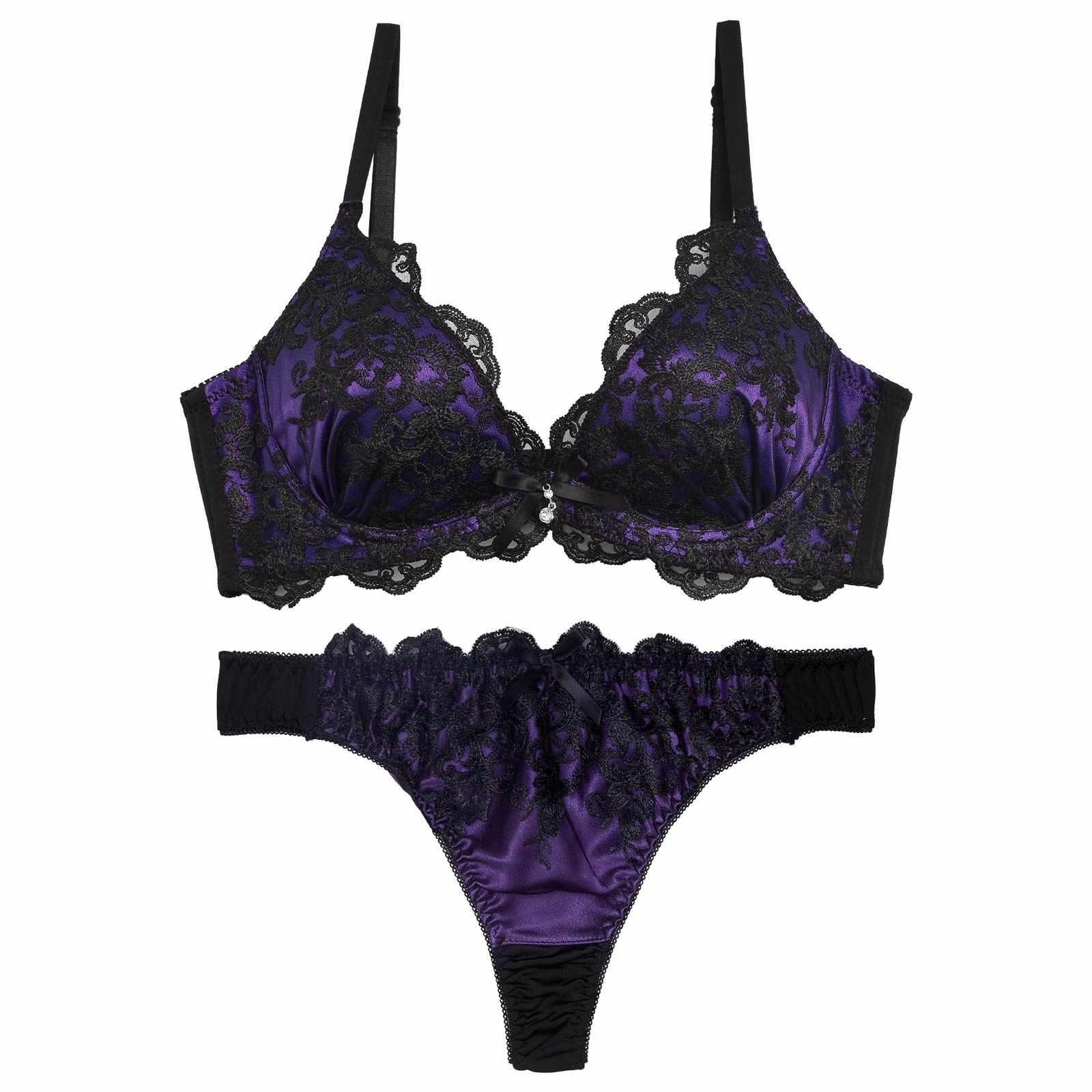 ダマスクサテンレース育乳脇高ブラジャー&Tバックショーツ