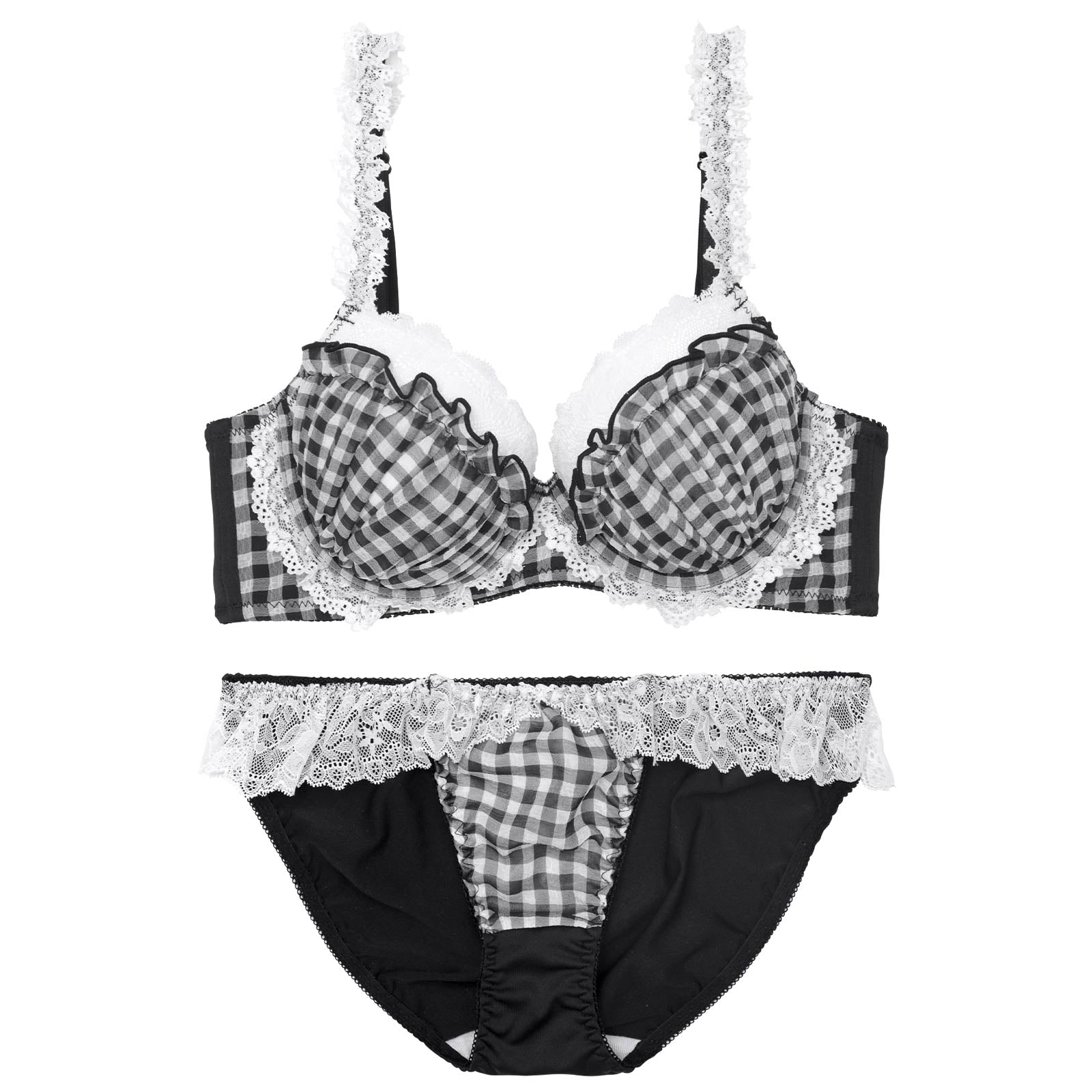 【かとゆり着用】ファンシーギンガムシアーフリル育乳脇高ブラジャー&フルバックショーツ
