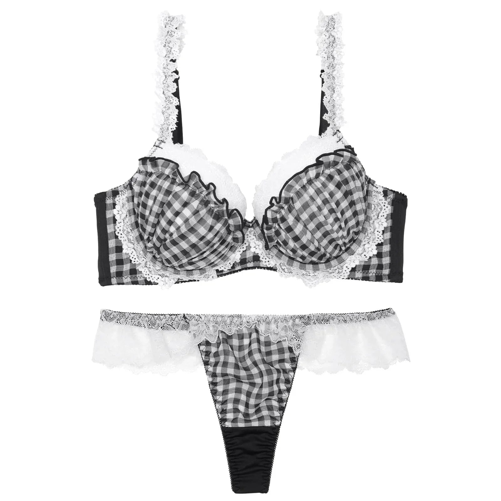 4/21再販!【かとゆり着用】ファンシーギンガムシアーフリル育乳脇高ブラジャー&Tバックショーツ