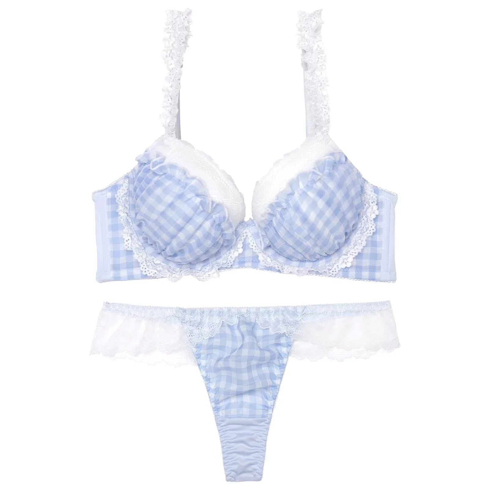 4/21再販!【かとゆり着用】ファンシーギンガムシアーフリル育乳脇高ブラジャー&Tバックショーツ