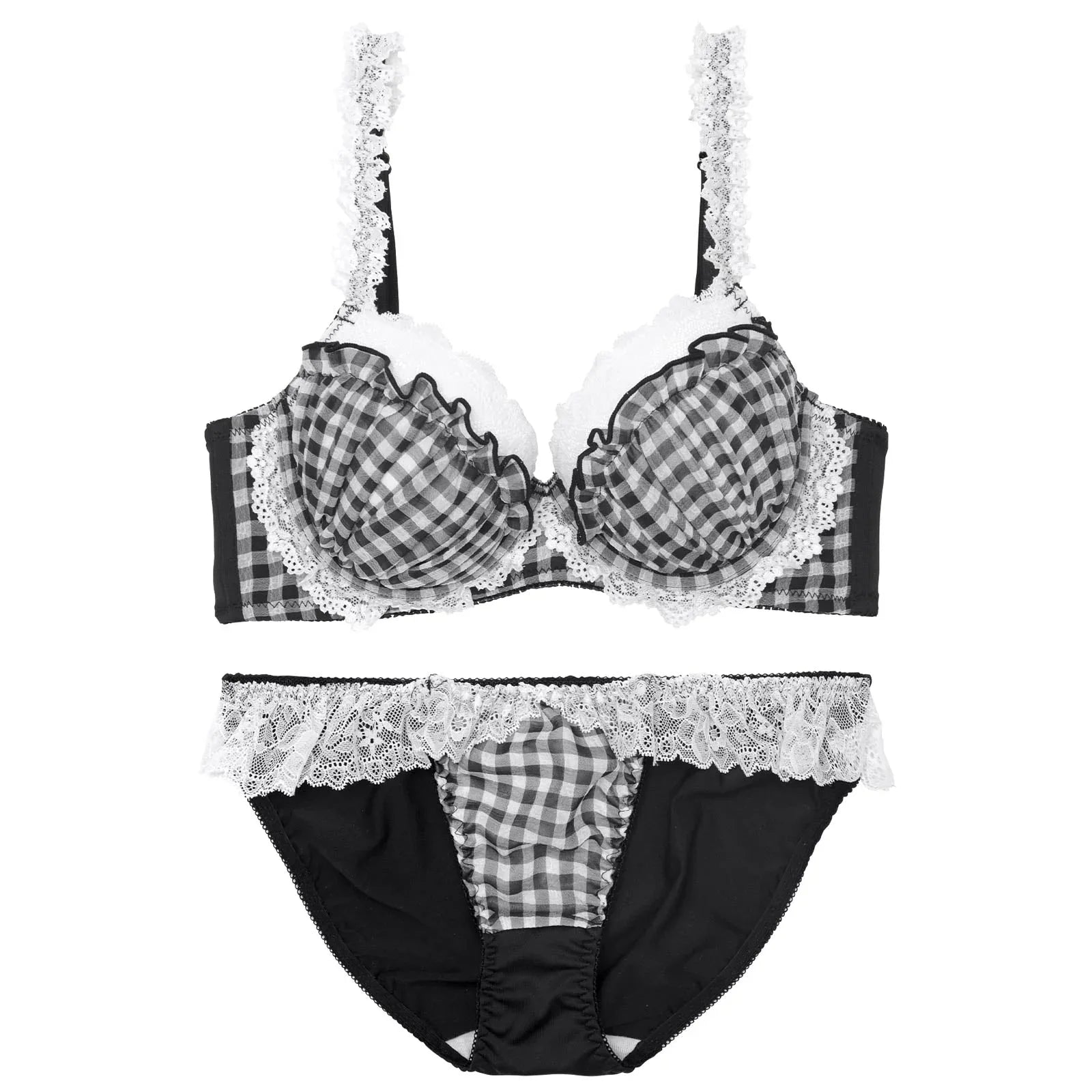4/21再販!【かとゆり着用】【EFサイズ】ファンシーギンガムシアーフリル育乳脇高ブラジャー&フルバックショーツ