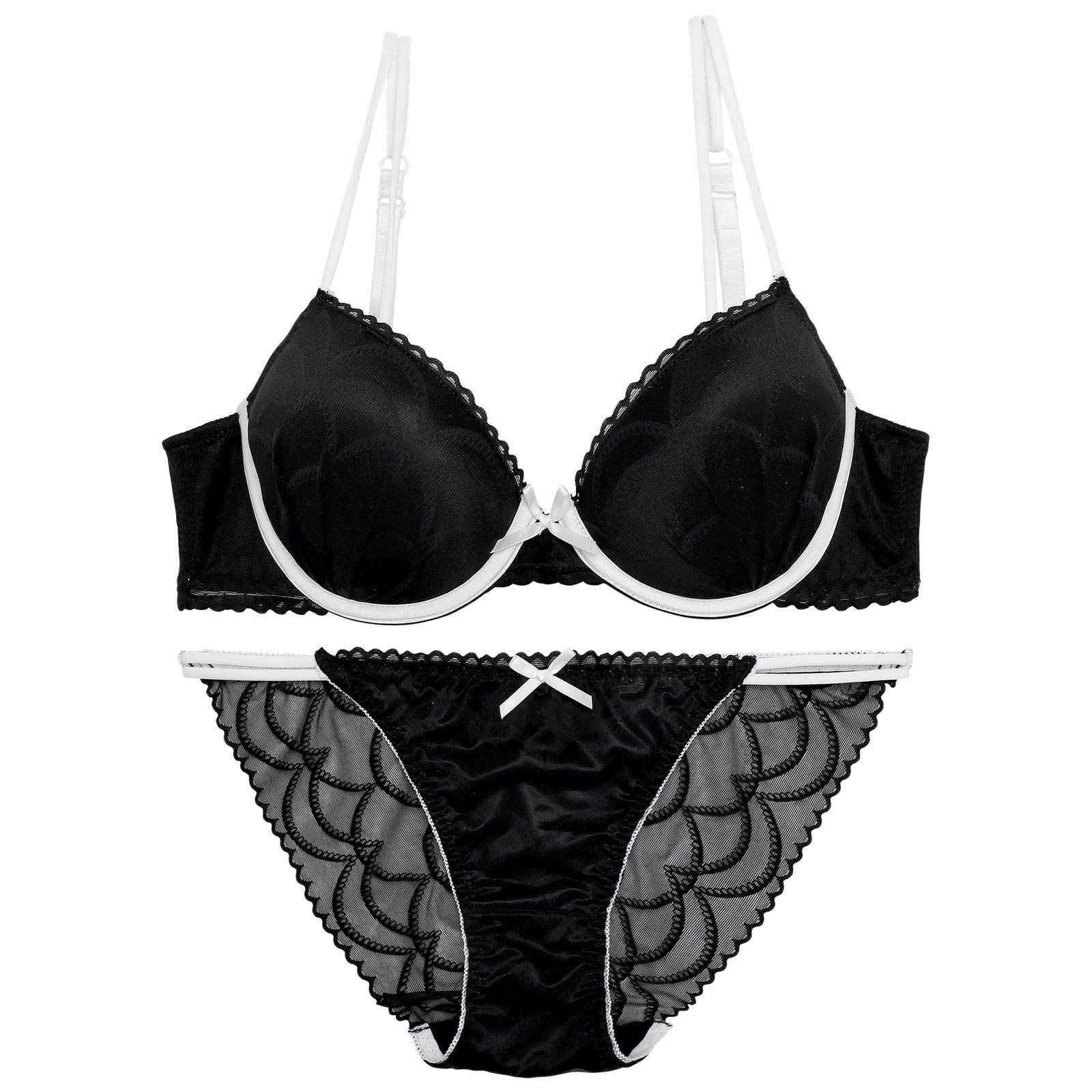 【EFサイズ】バイカラーシアースカラップブラジャー&バック透けフルバックショーツ