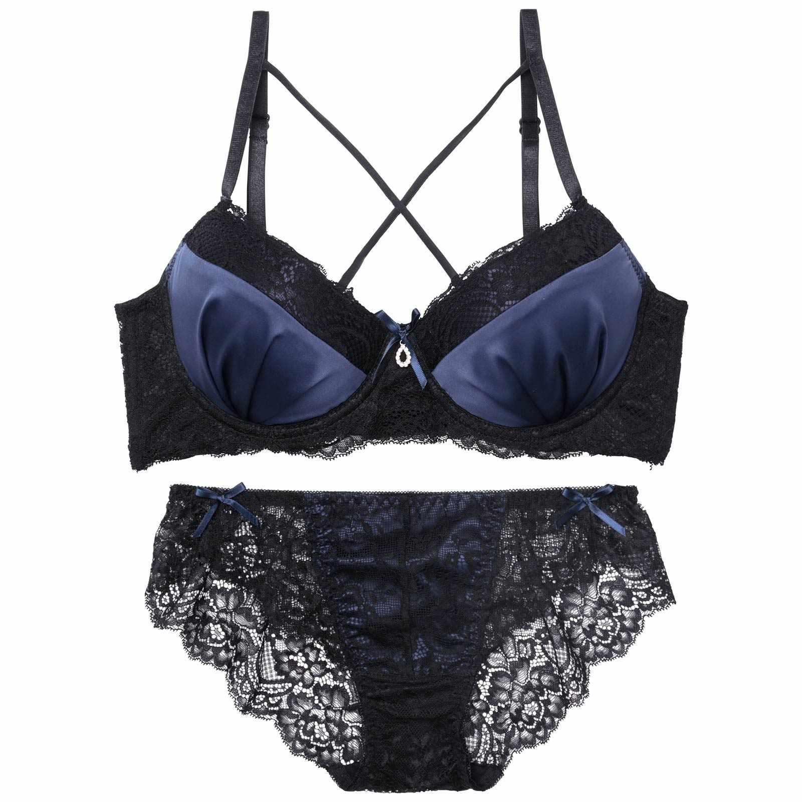 ディープサテンリボンコード育乳脇高ブラジャー&バック透けフルバックショーツ