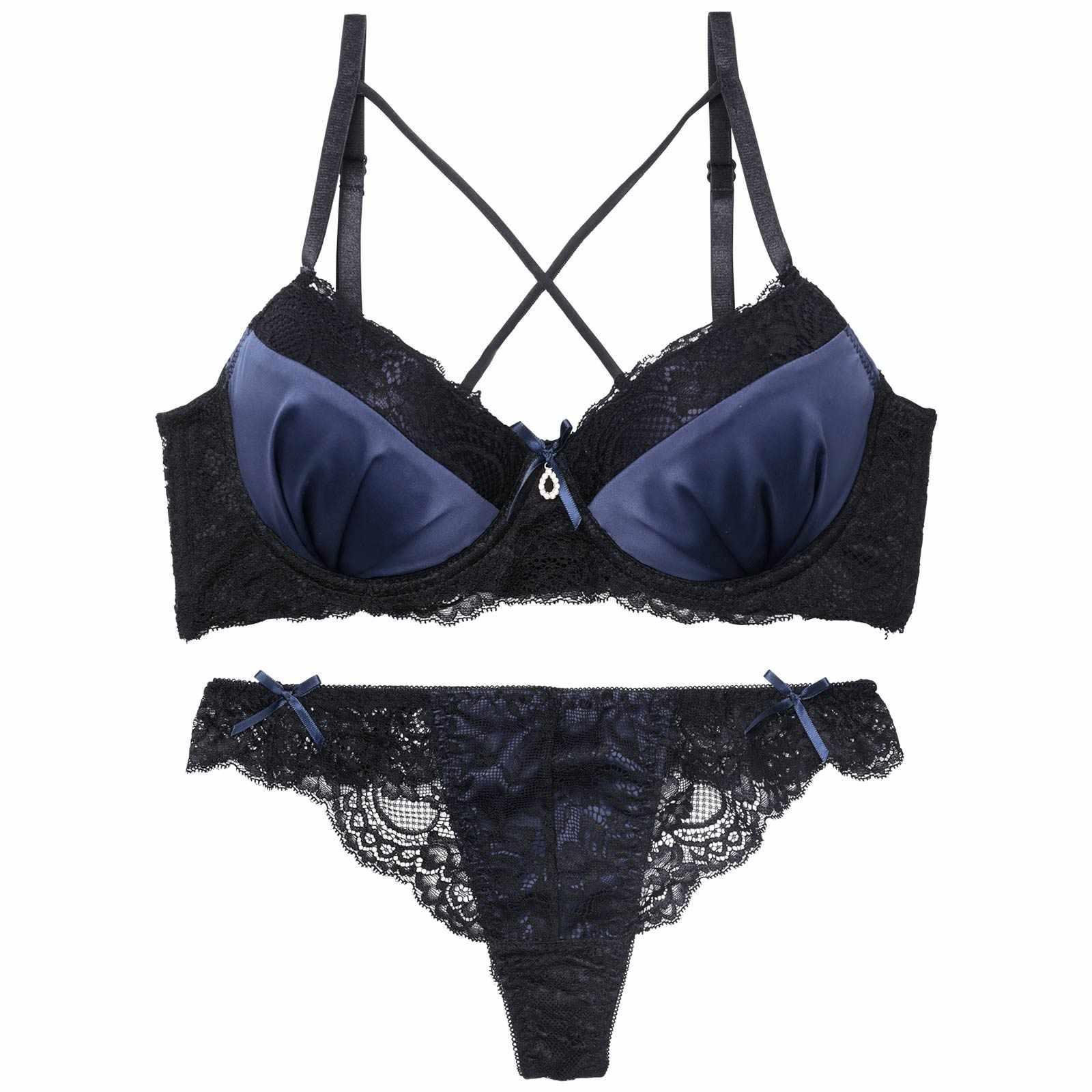 ディープサテンリボンコード育乳脇高ブラジャー&バック透けTバックショーツ