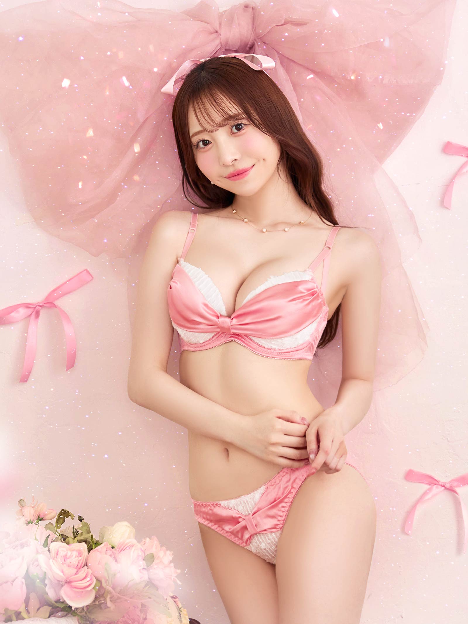 8/13新作!【かとゆり着用】プリティーグロスリボン育乳脇高ブラジャー&フルバックショーツ