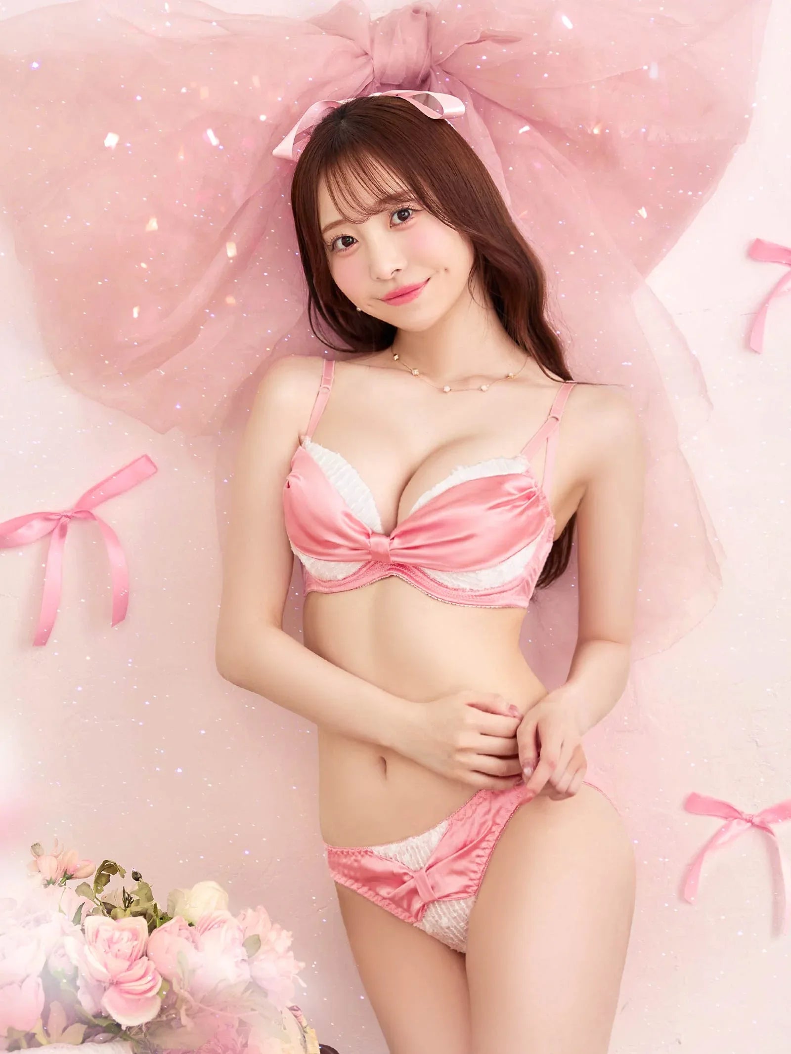 8/13新作!【かとゆり着用】プリティーグロスリボン育乳脇高ブラジャー&フルバックショーツ