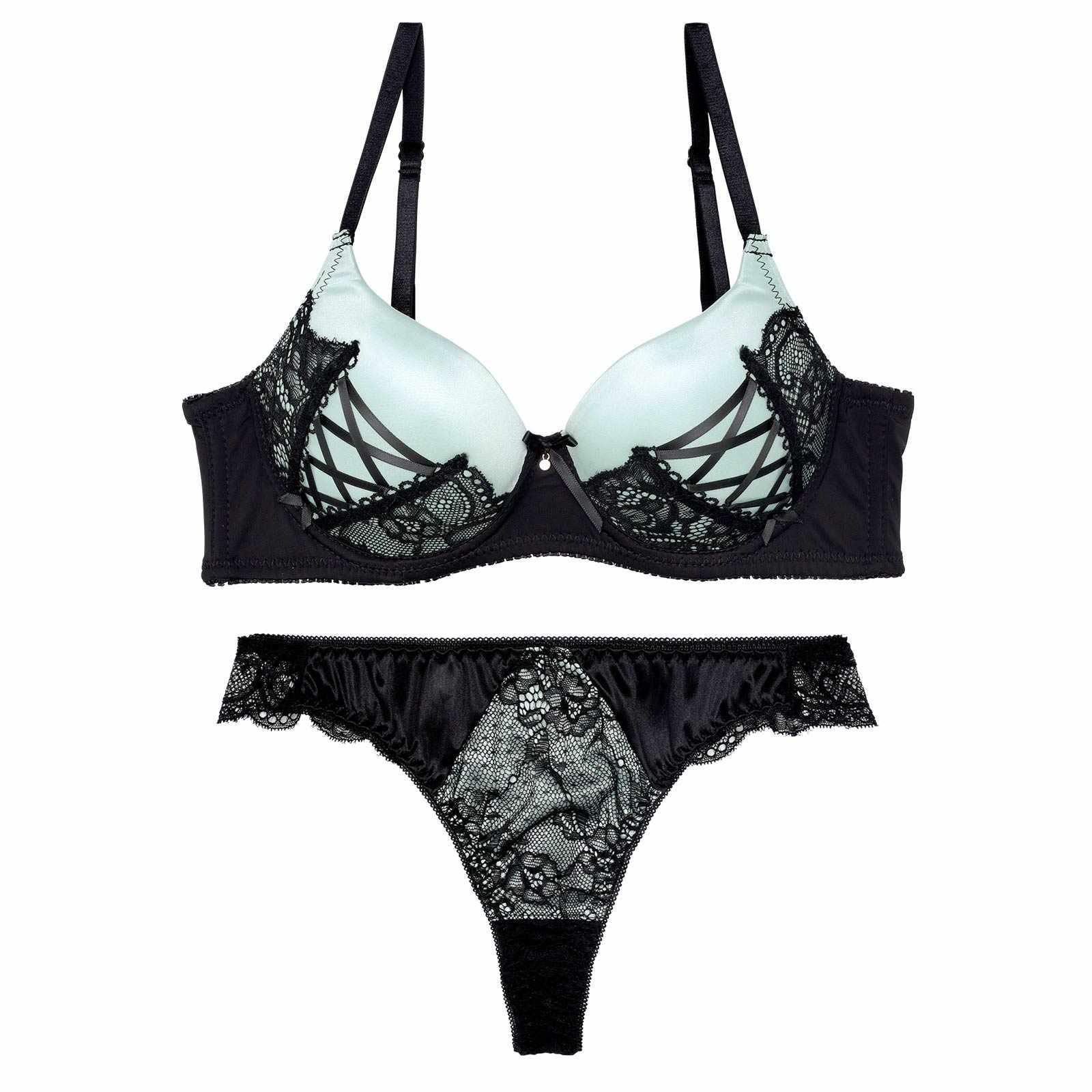 アリュールレースアップ育乳脇高ブラジャー&バック透けTバックショーツ
