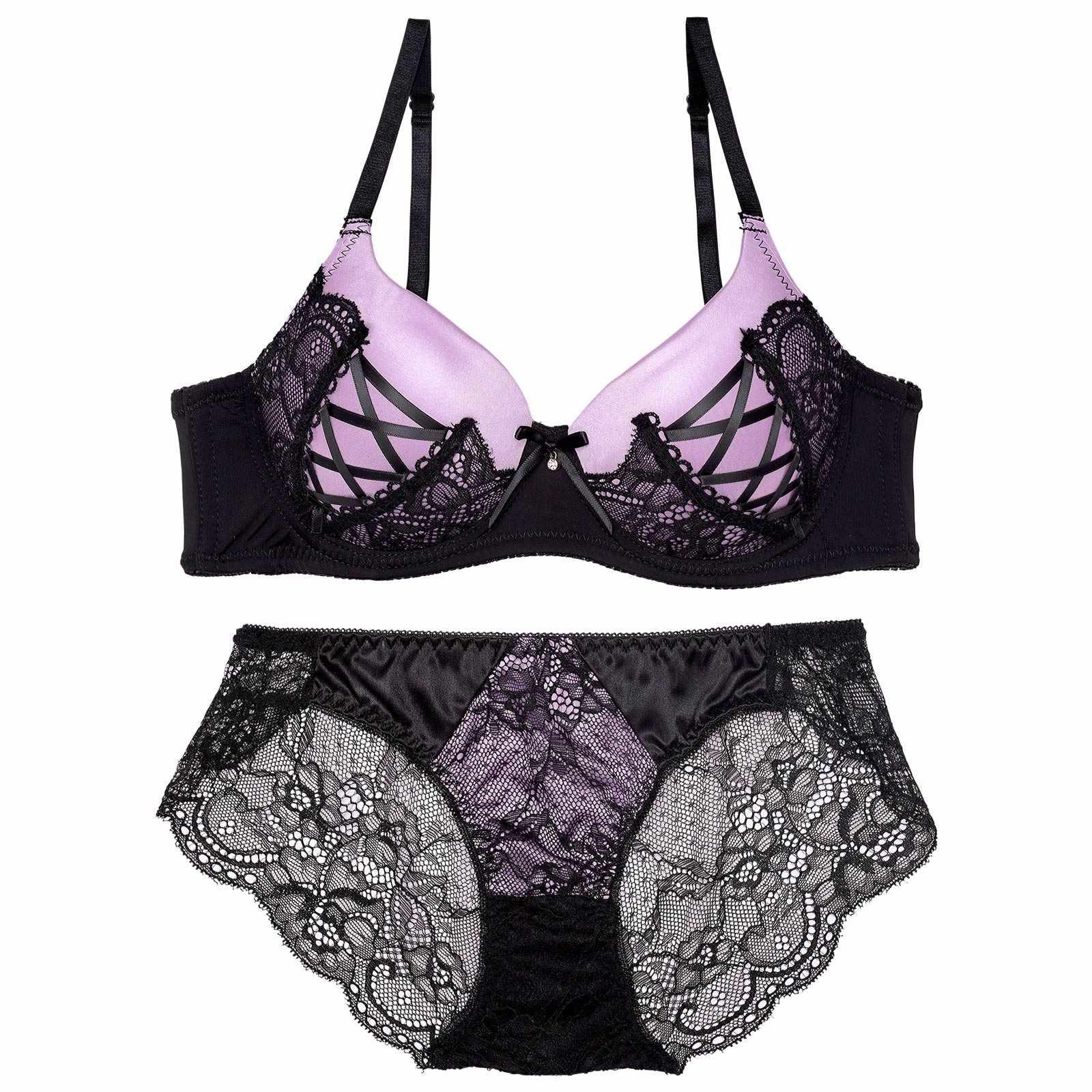 【EFサイズ】アリュールレースアップ育乳脇高ブラジャー&バック透けフルバックショーツ
