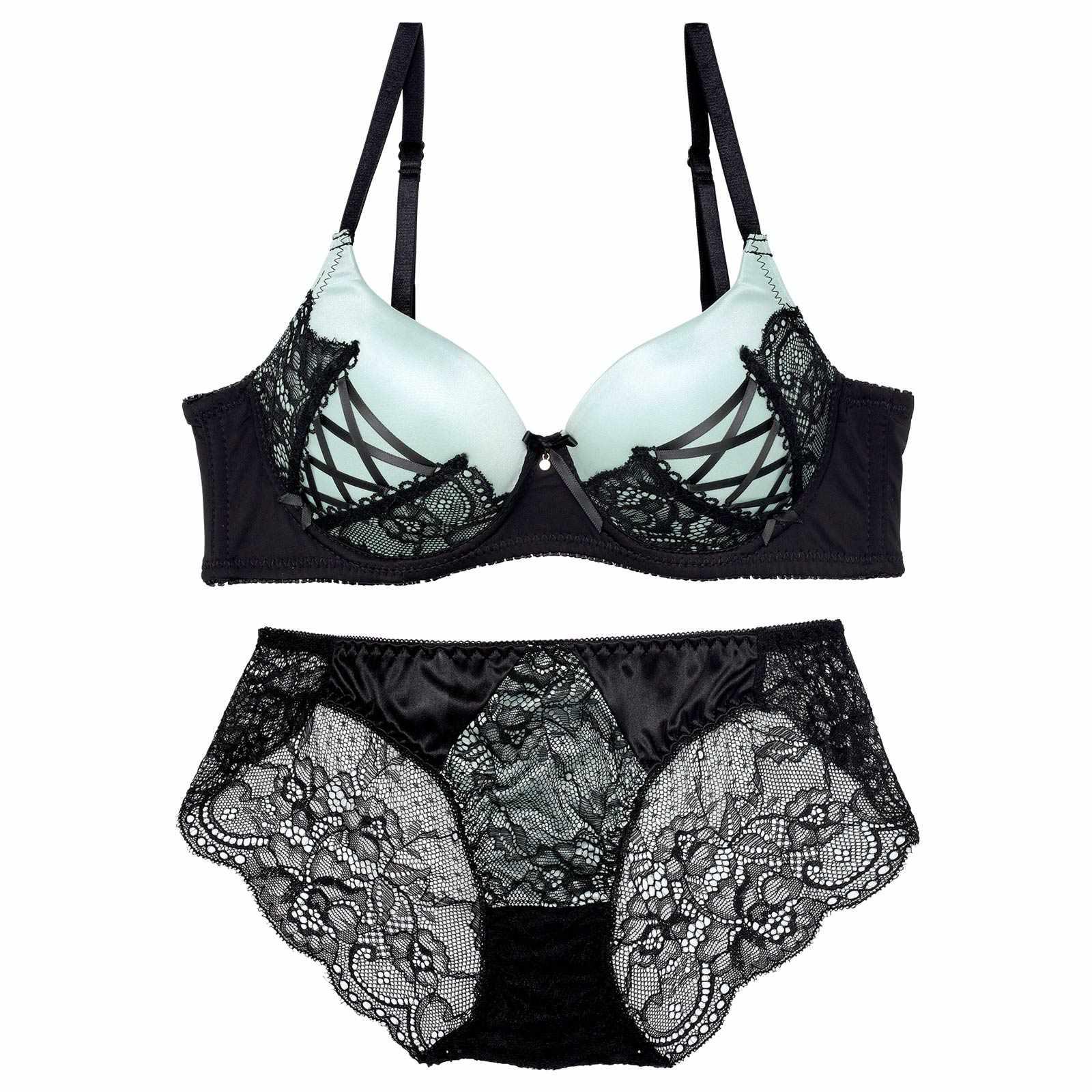 【EFサイズ】アリュールレースアップ育乳脇高ブラジャー&バック透けフルバックショーツ