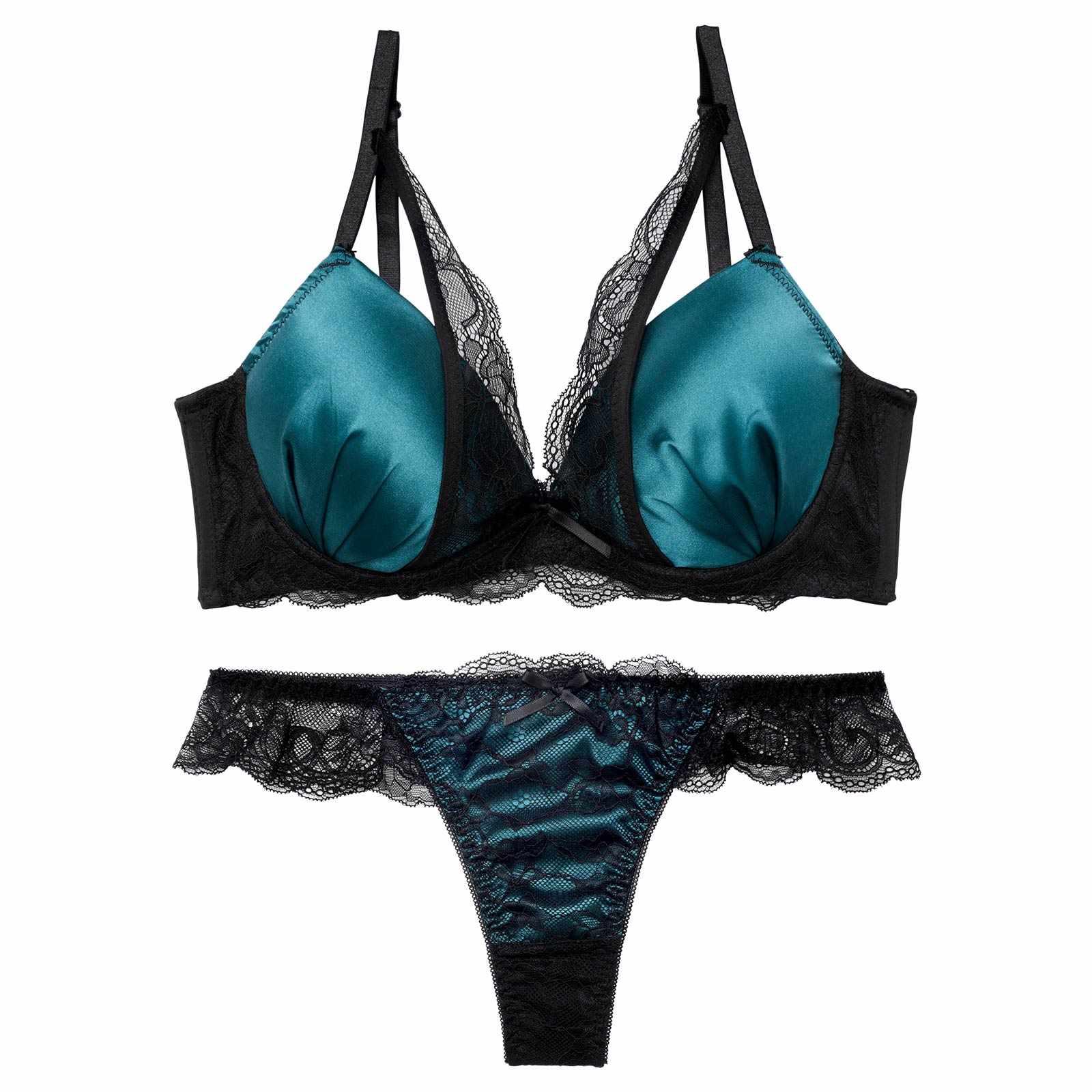 2/21再販!ジュエリーサテンレース育乳脇高ブラジャー&バック透けTバックショーツ - 【公式】247Lingerie