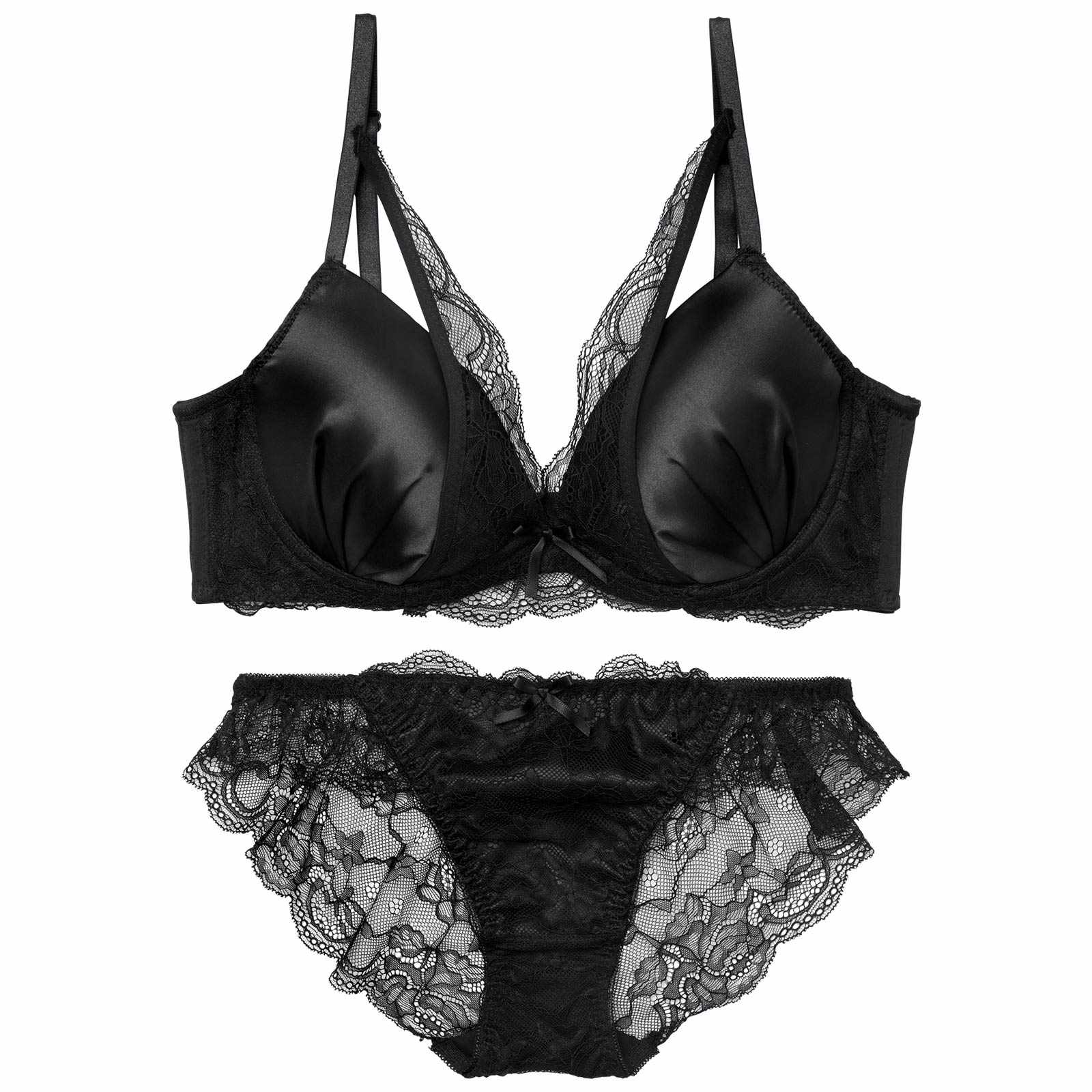 2/21再販!【EFサイズ】ジュエリーサテンレース育乳脇高ブラジャー&バック透けフルバックショーツ - 【公式】247Lingerie