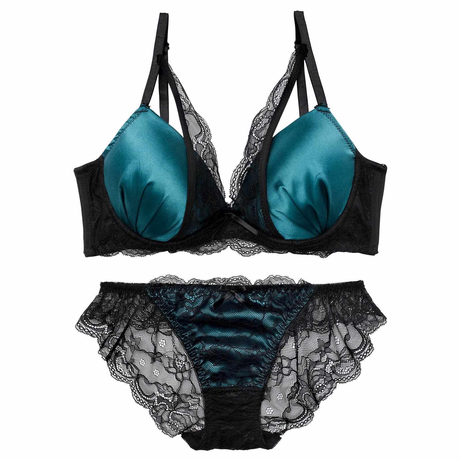2/21再販!【EFサイズ】ジュエリーサテンレース育乳脇高ブラジャー&バック透けフルバックショーツ - 【公式】247Lingerie