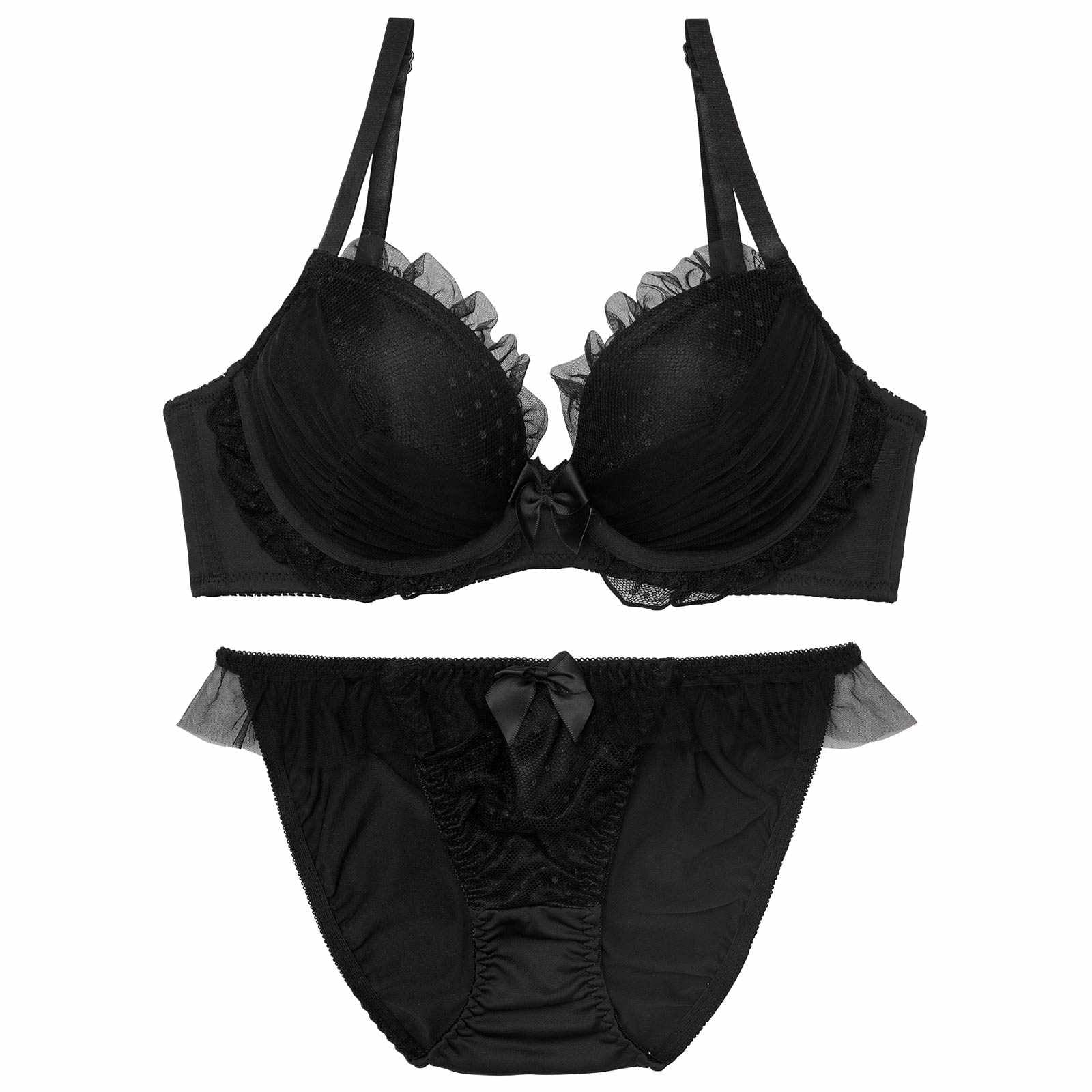 【EFサイズ】メロウドットチュール育乳脇高ブラジャー&フルバックショーツ