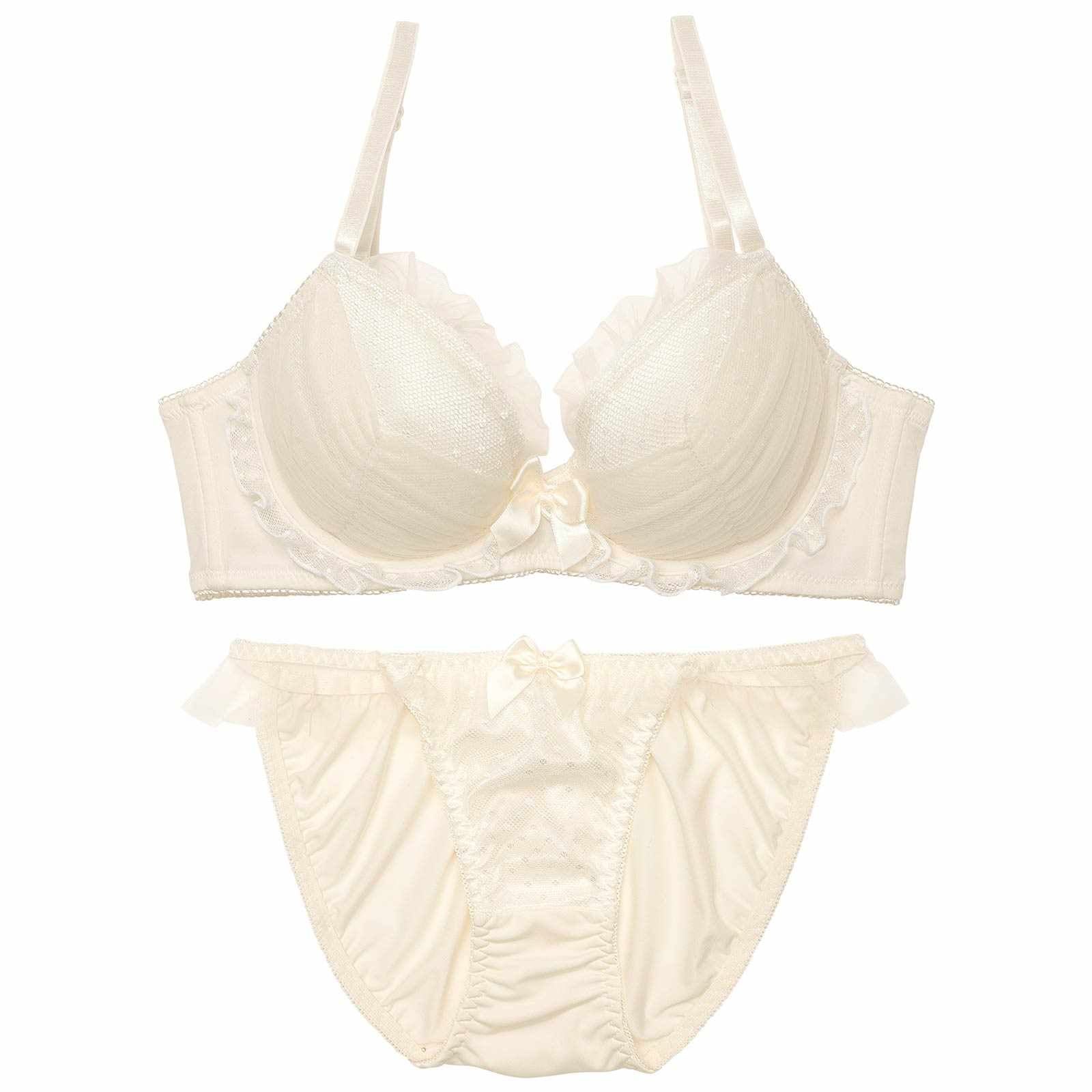 【EFサイズ】メロウドットチュール育乳脇高ブラジャー&フルバックショーツ