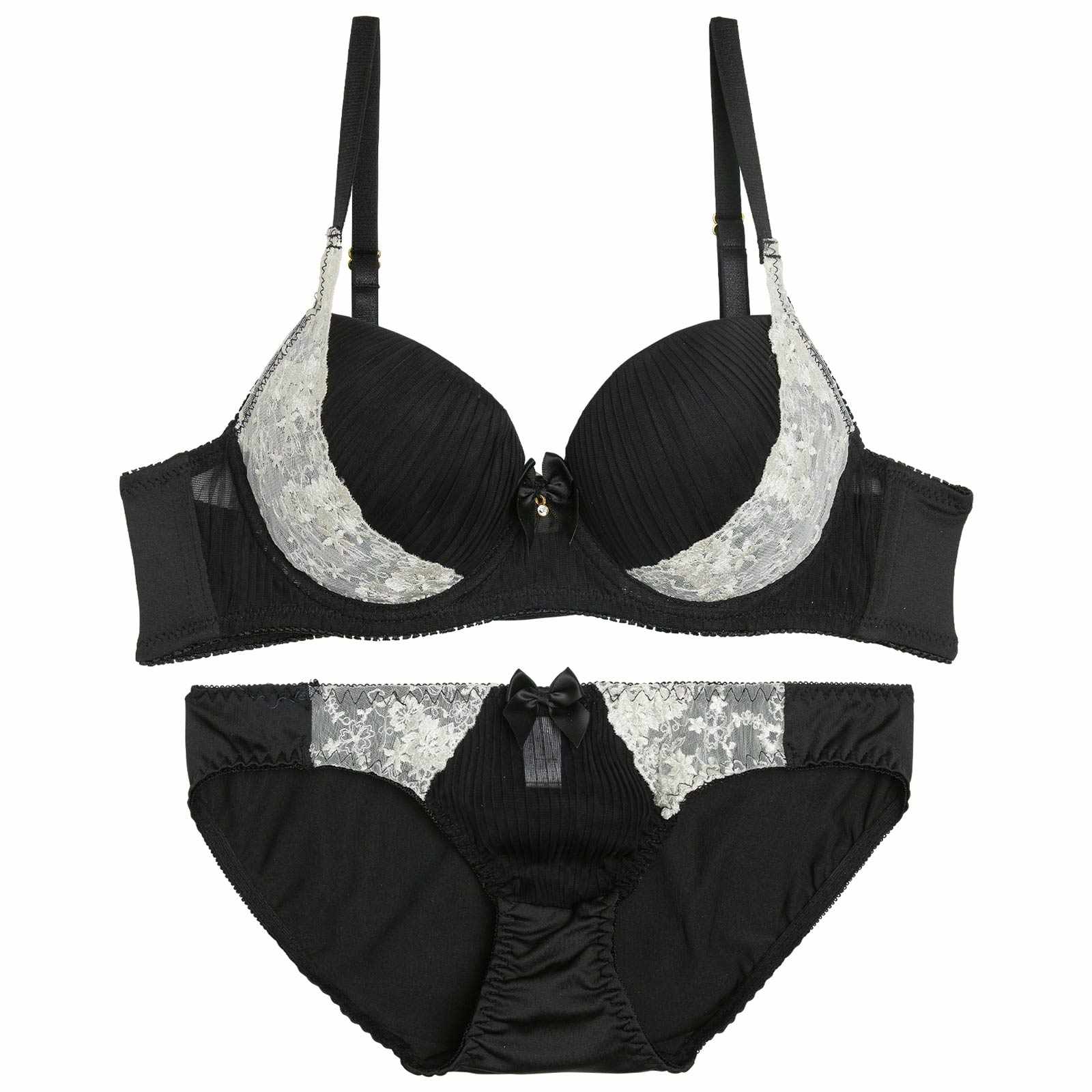 プリーツフラワーレースブラジャー&フルバックショーツ