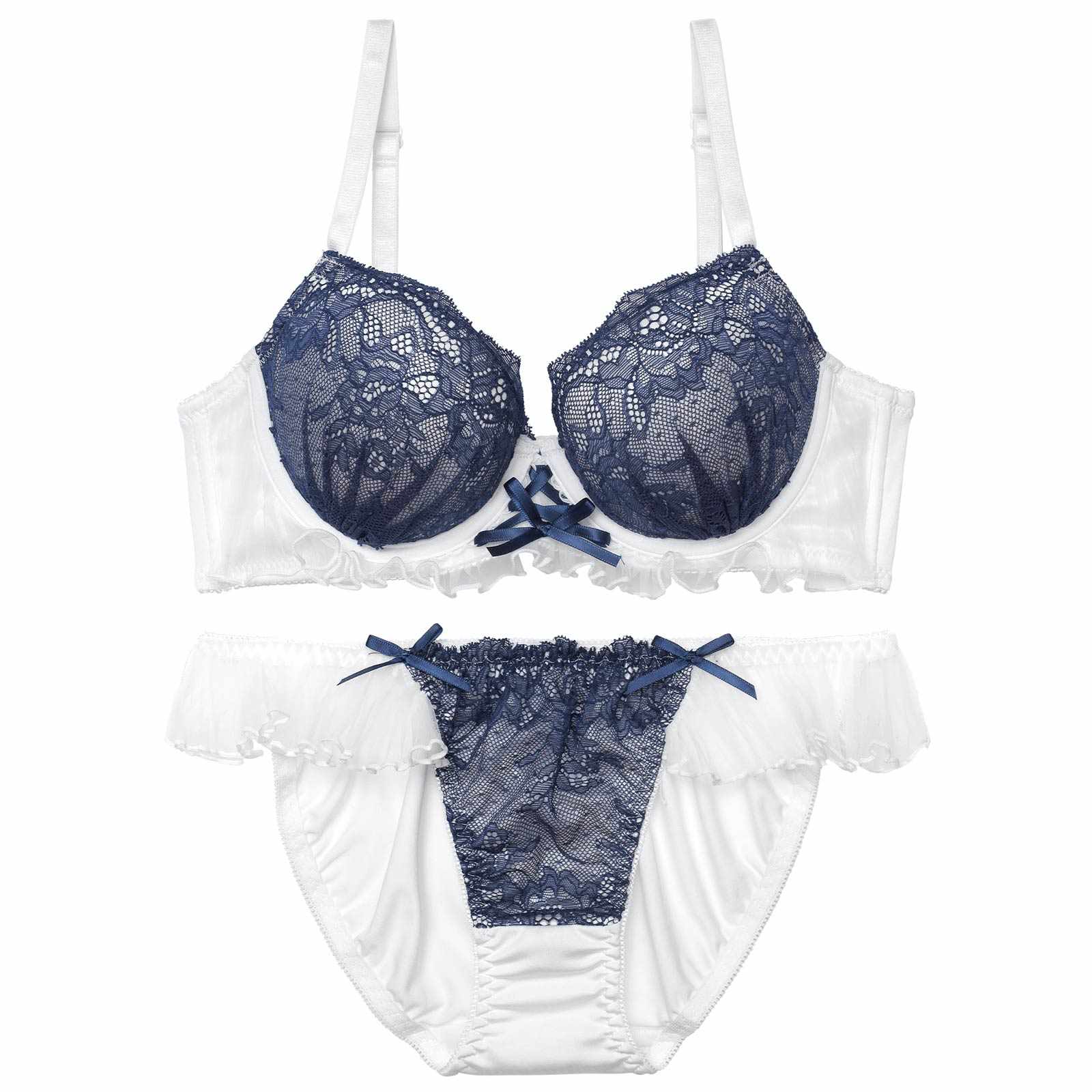 【EFサイズ】エアリーフリルレースブラジャー&フルバックショーツ
