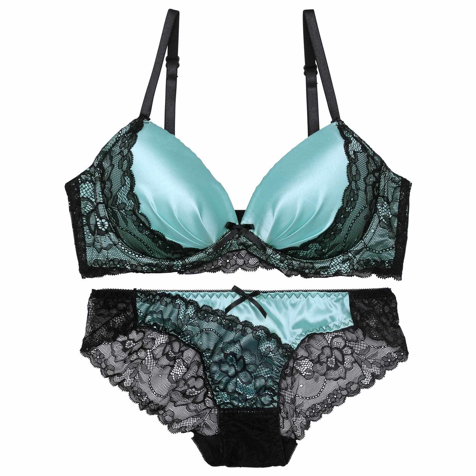 ノーブルサテンレース育乳脇高ブラジャー&バック透けフルバックショーツ