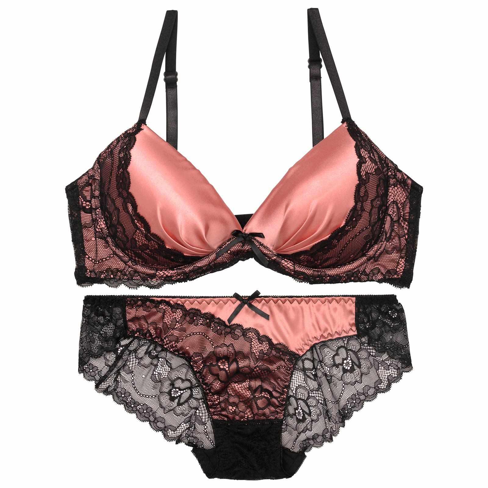 ノーブルサテンレース育乳脇高ブラジャー&バック透けフルバックショーツ
