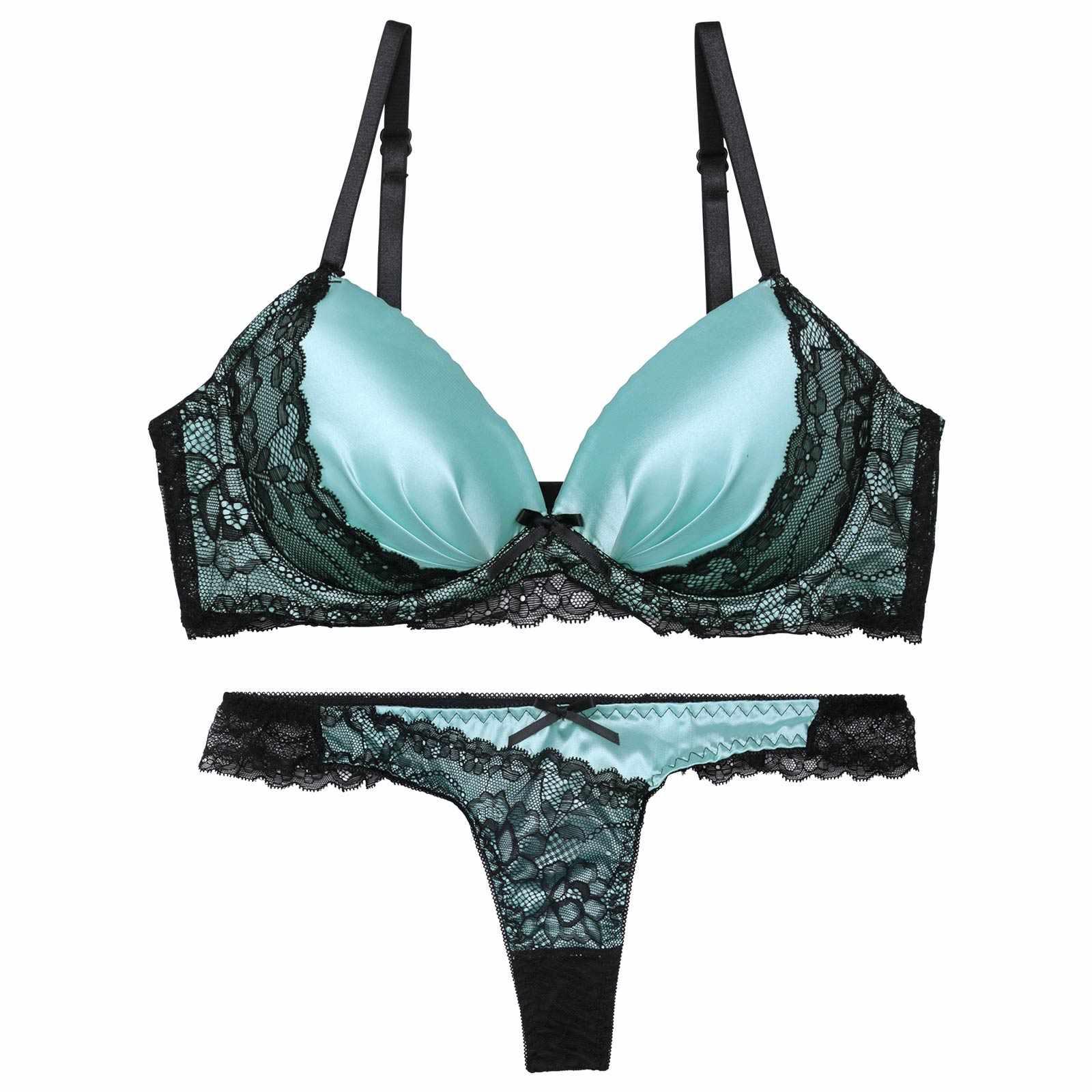 ノーブルサテンレース育乳脇高ブラジャー&バック透けTバックショーツ