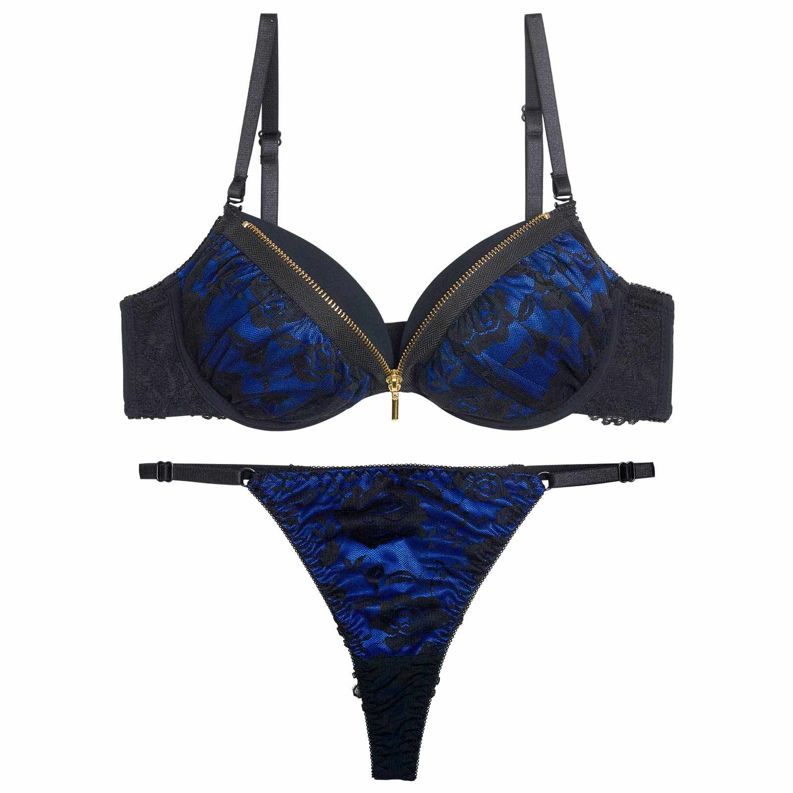 12/19新作!【EFサイズ】ロージーレースファスナーブラジャー&バック透けTバックショーツ