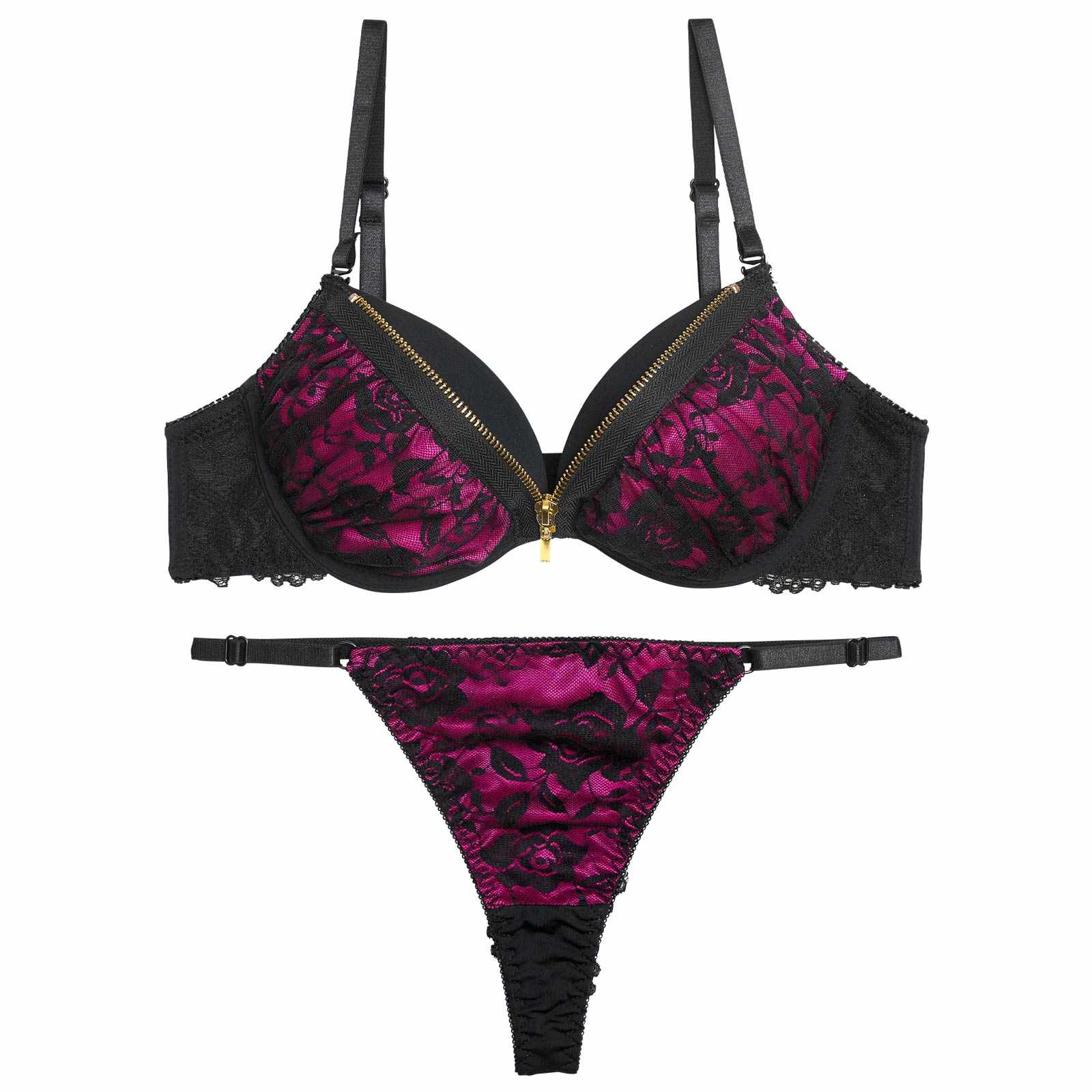 12/19新作!【EFサイズ】ロージーレースファスナーブラジャー&バック透けTバックショーツ