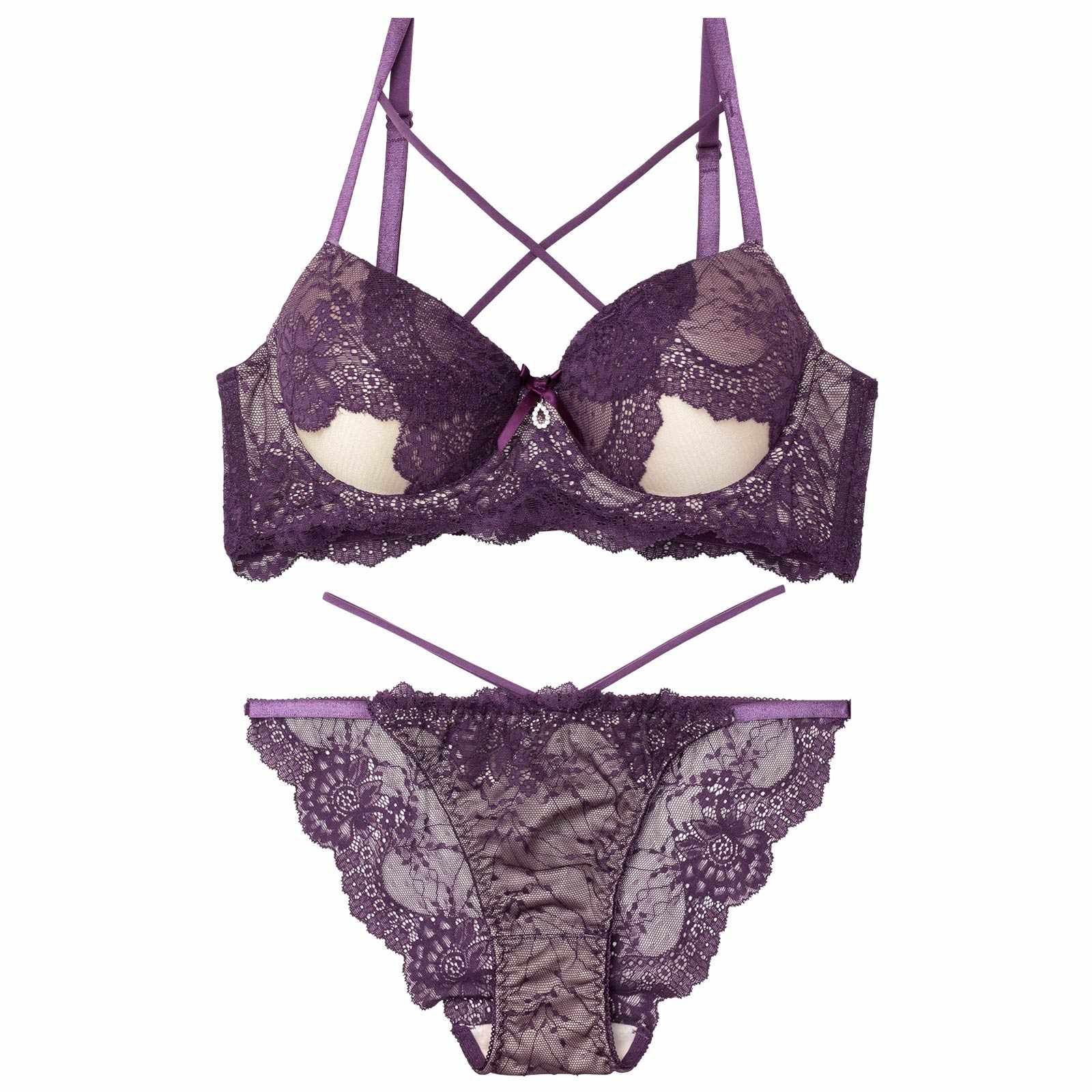 【EFサイズ】クロスカットアウトレーシィブラジャー&バック透けフルバックショーツ