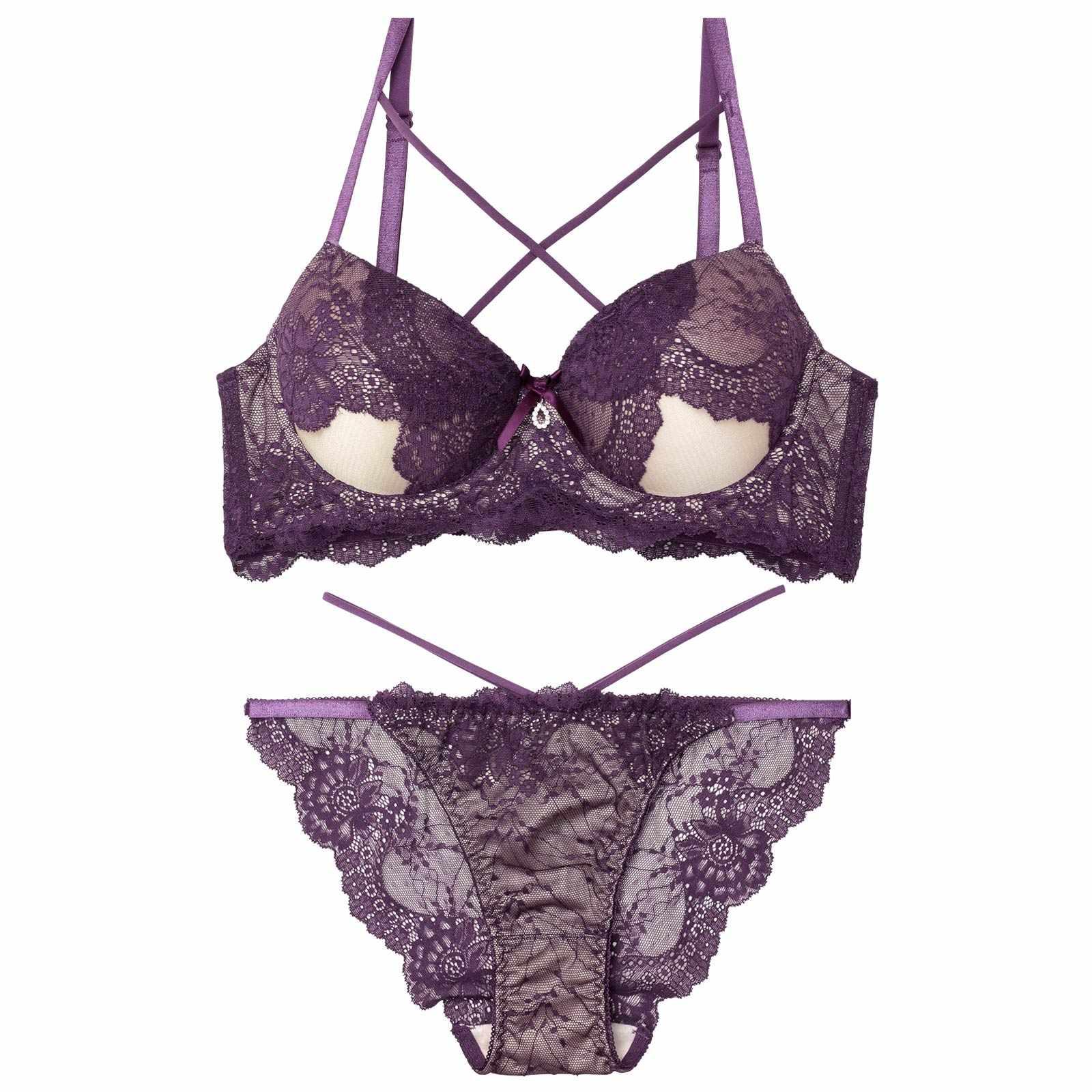 【EFサイズ】クロスカットアウトレーシィブラジャー&バック透けフルバックショーツ