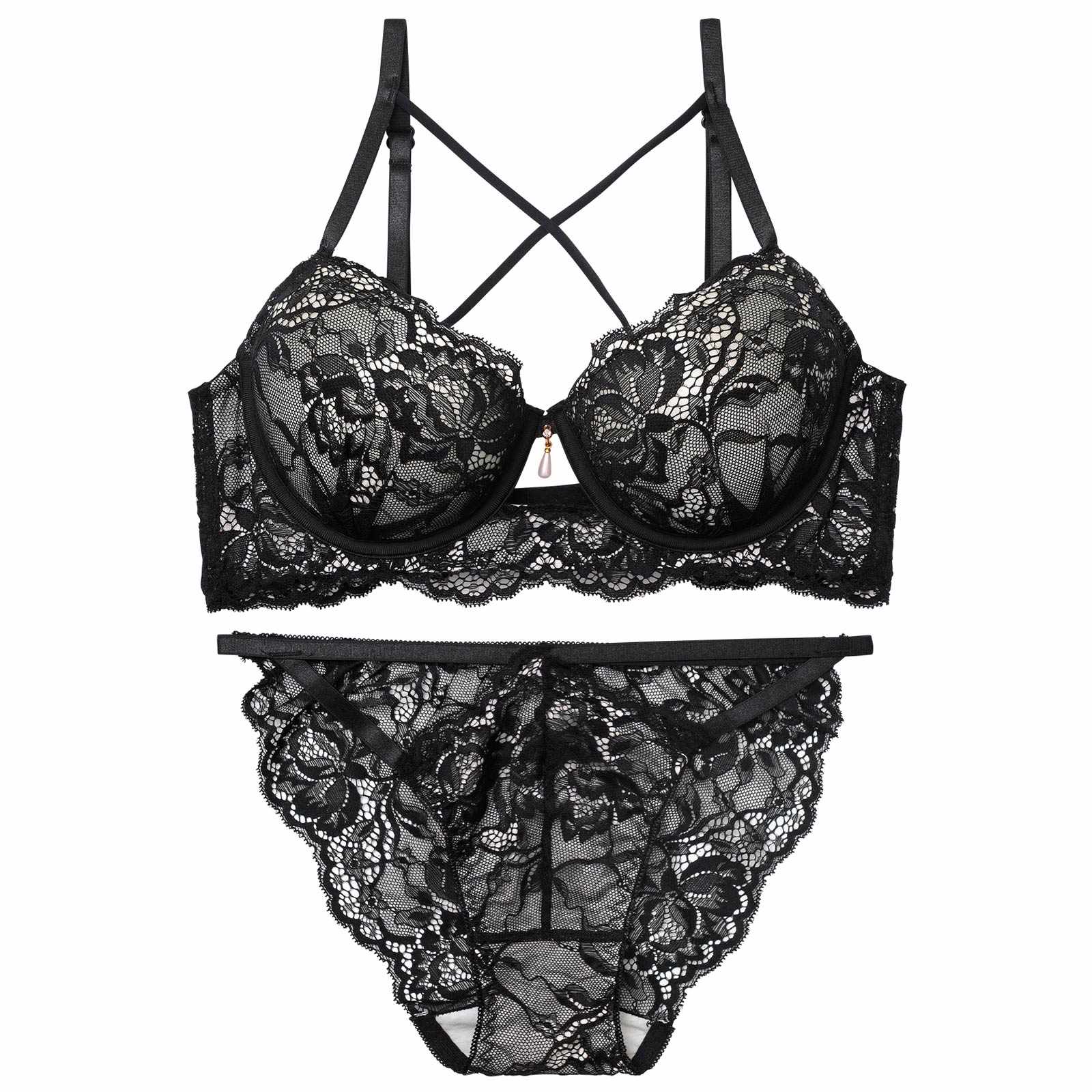 【EFサイズ】ラビッシュレースストリング育乳脇高ブラジャー&バック透けフルバックショーツ