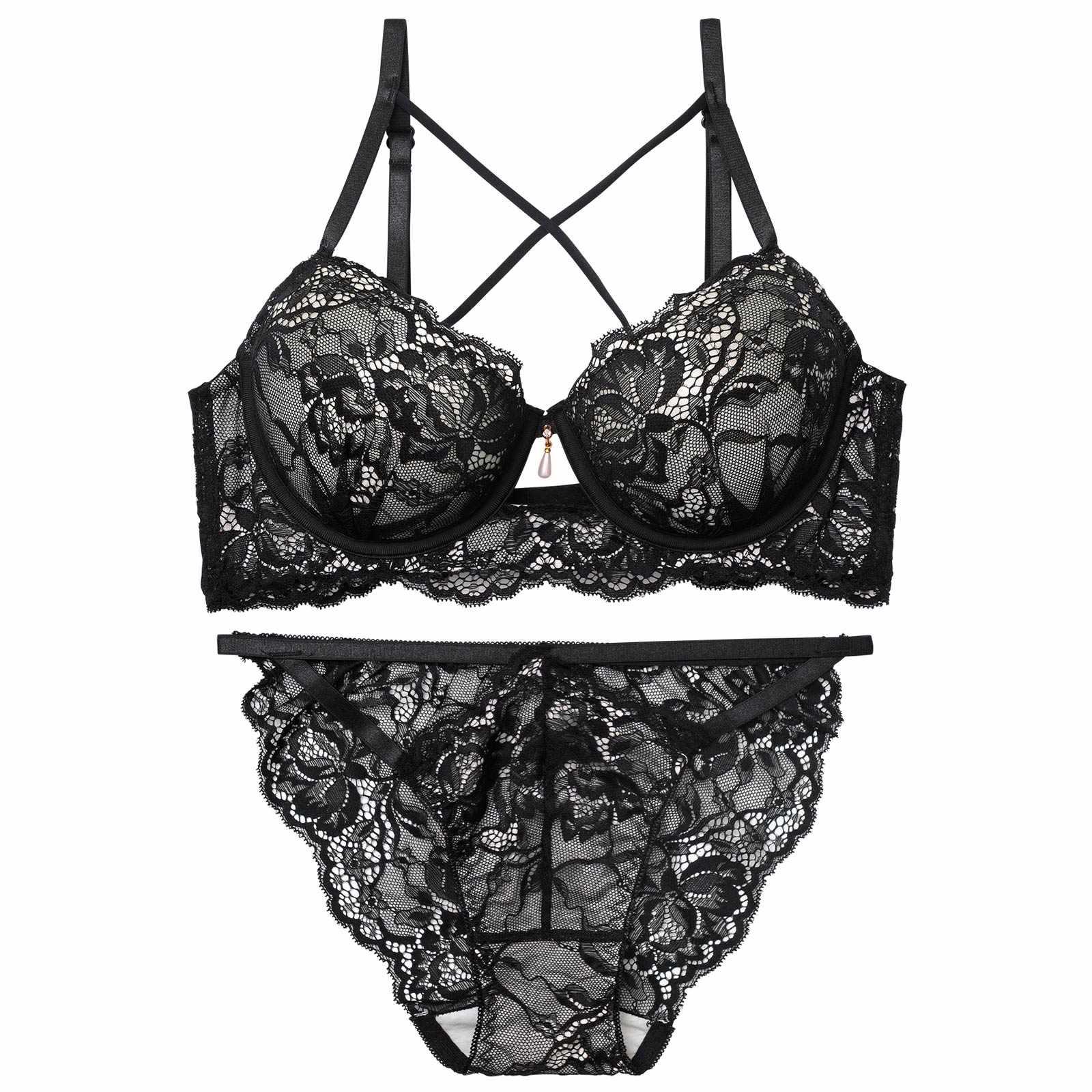 【EFサイズ】ラビッシュレースストリング育乳脇高ブラジャー&バック透けフルバックショーツ