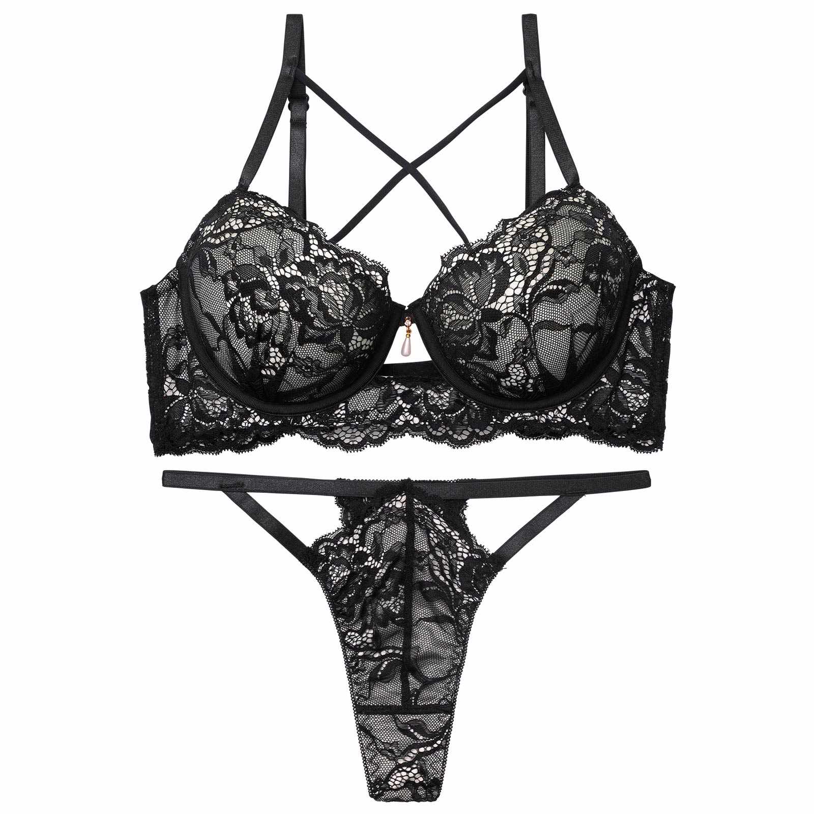 【EFサイズ】ラビッシュレースストリング育乳脇高ブラジャー&バック透けTバックショーツ
