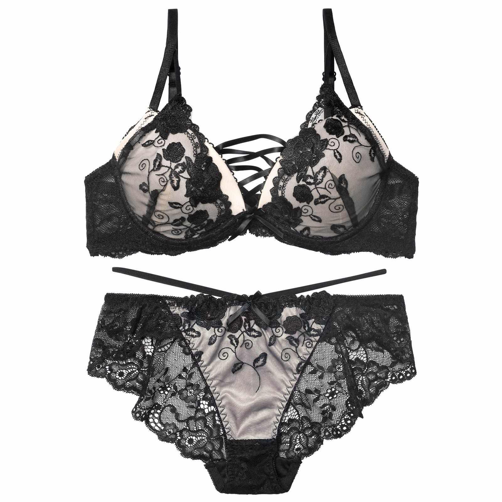ノワールフラワーレースアップブラジャー&バック透けフルバックショーツ