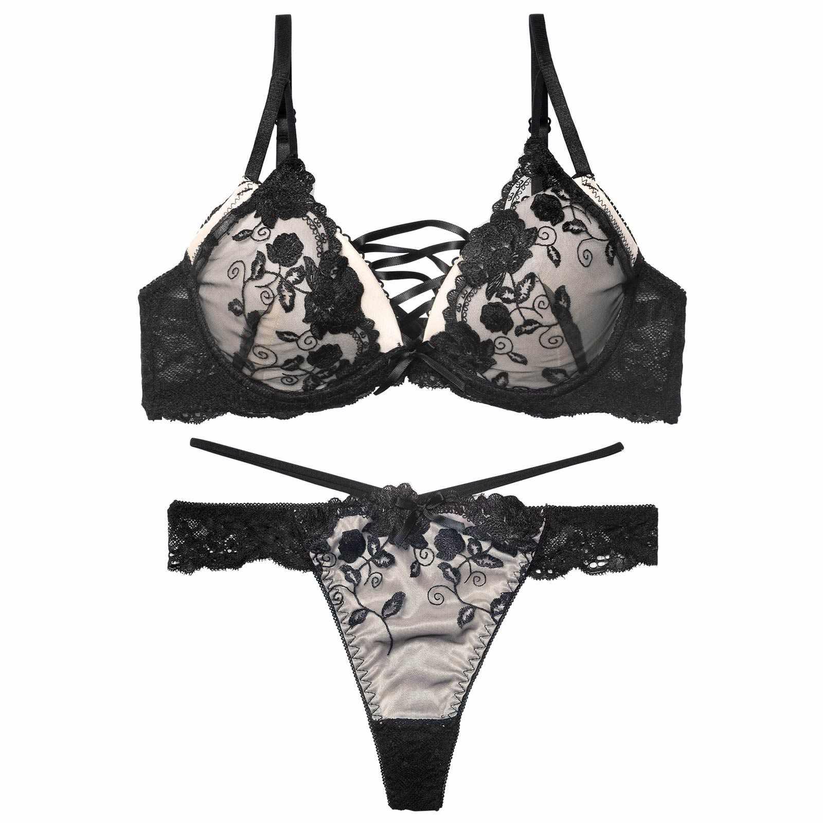 ノワールフラワーレースアップブラジャー&バック透けTバックショーツ