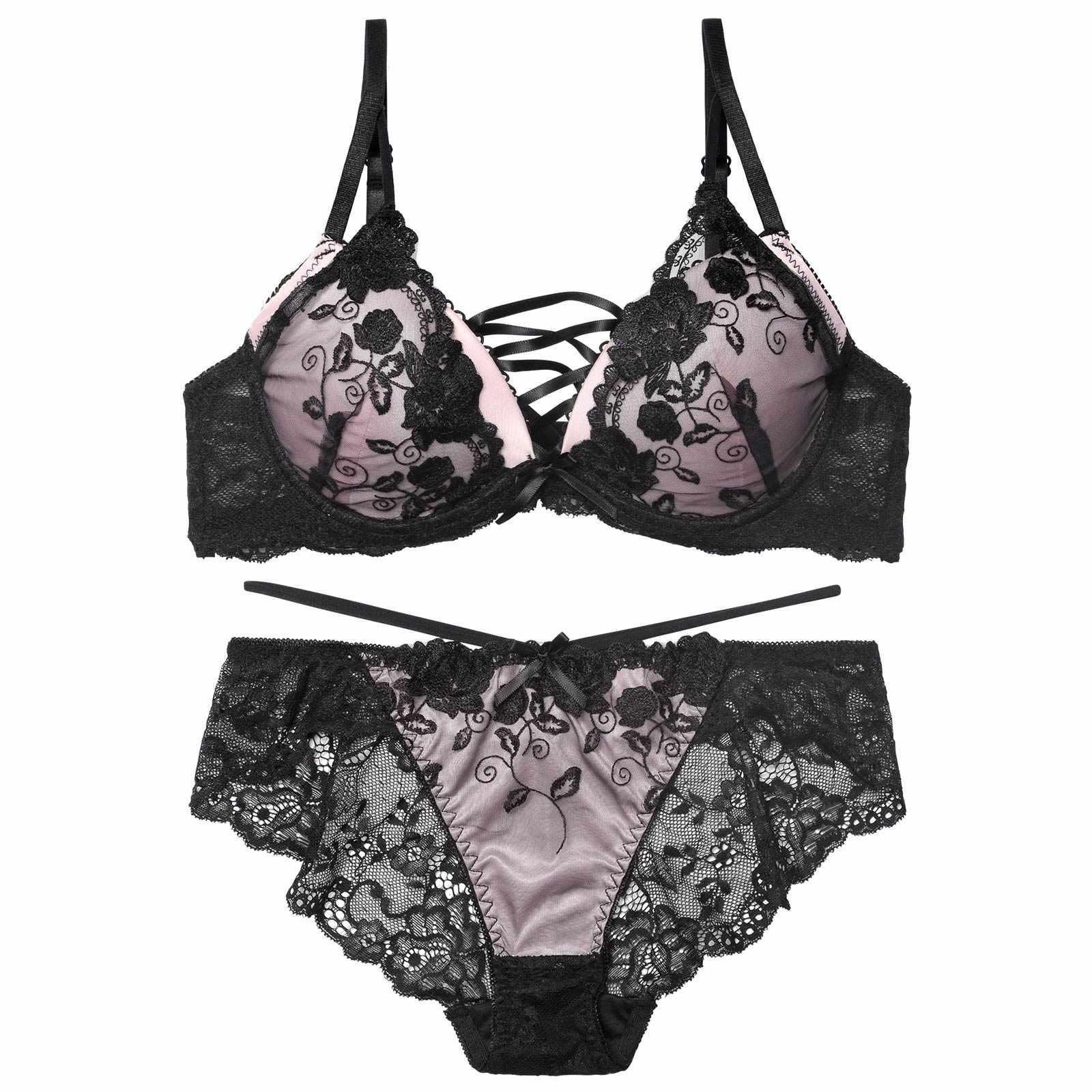 【EFサイズ】ノワールフラワーレースアップブラジャー&バック透けフルバックショーツ
